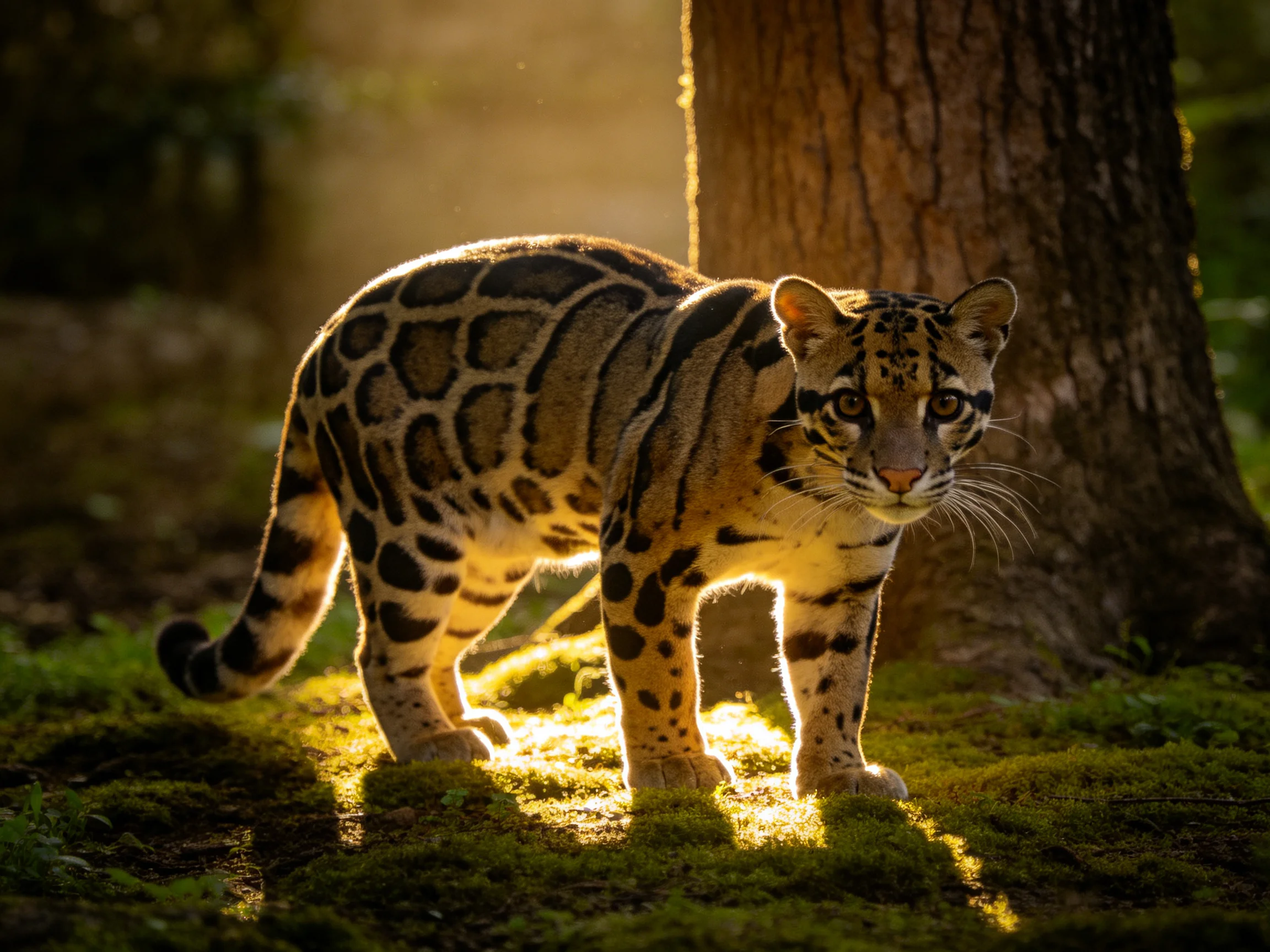 A clouded leopard moves along moss-covered ground next to a tree in a sunlit forest.