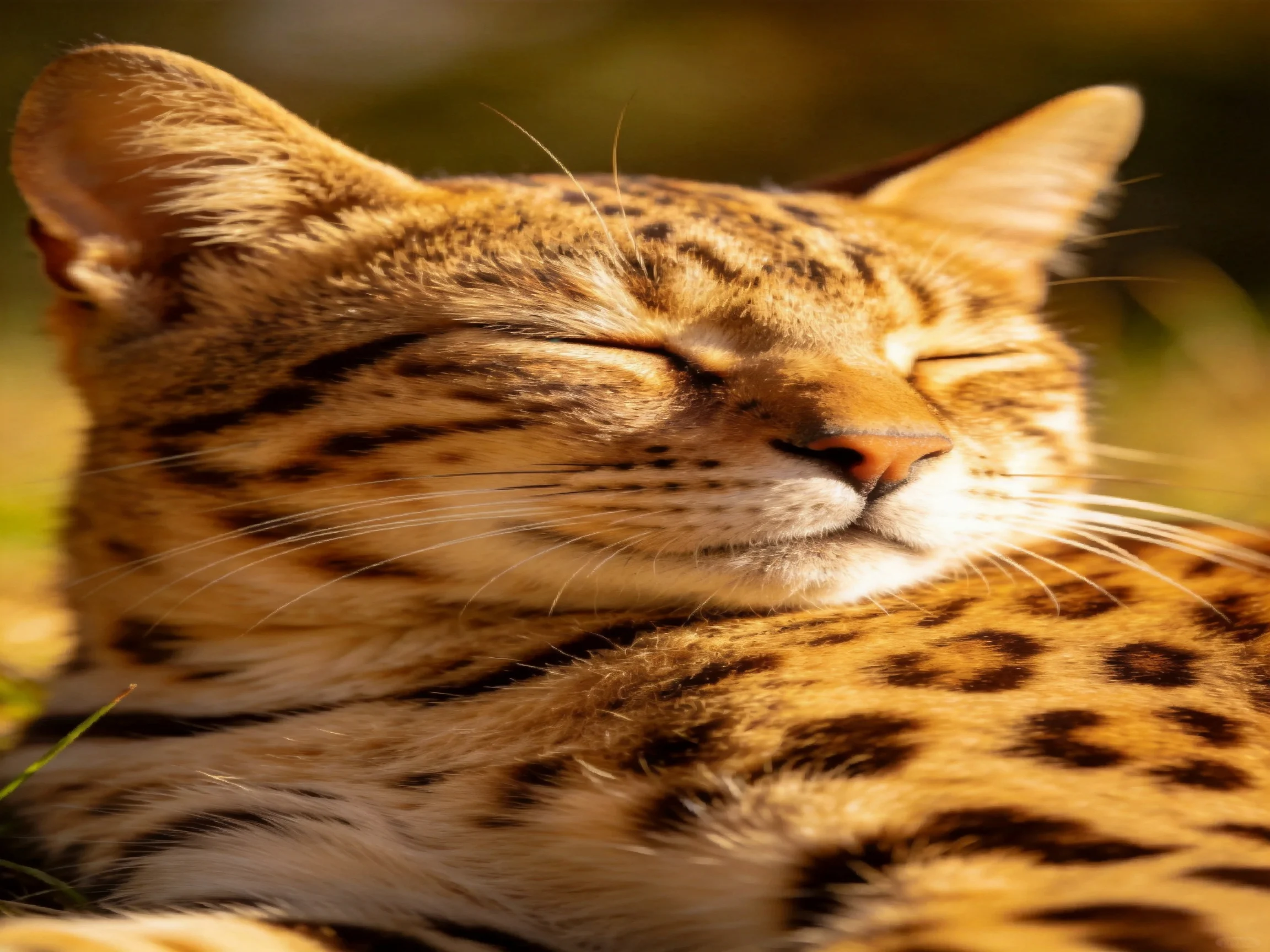 A contented spotted cat resting in golden outdoor light