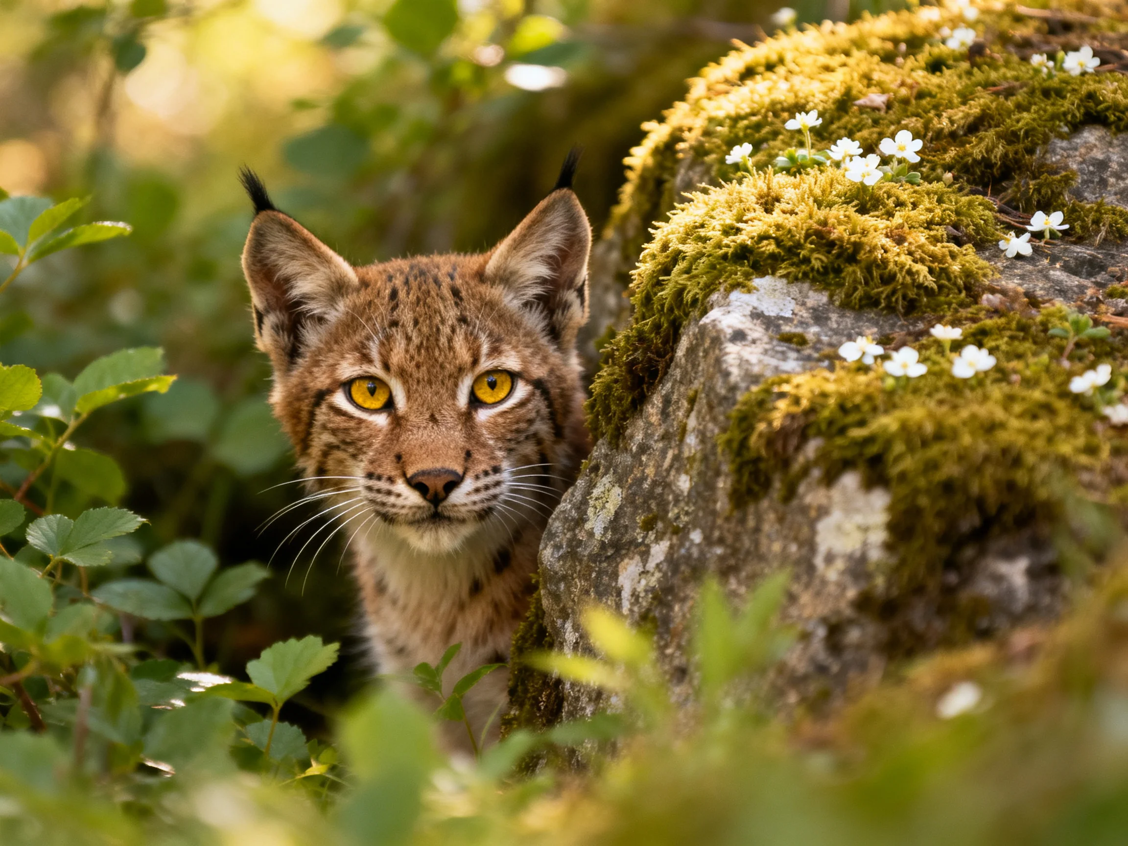 A curious young wildcat peeks from behind mossy rocks amid lush green foliage.