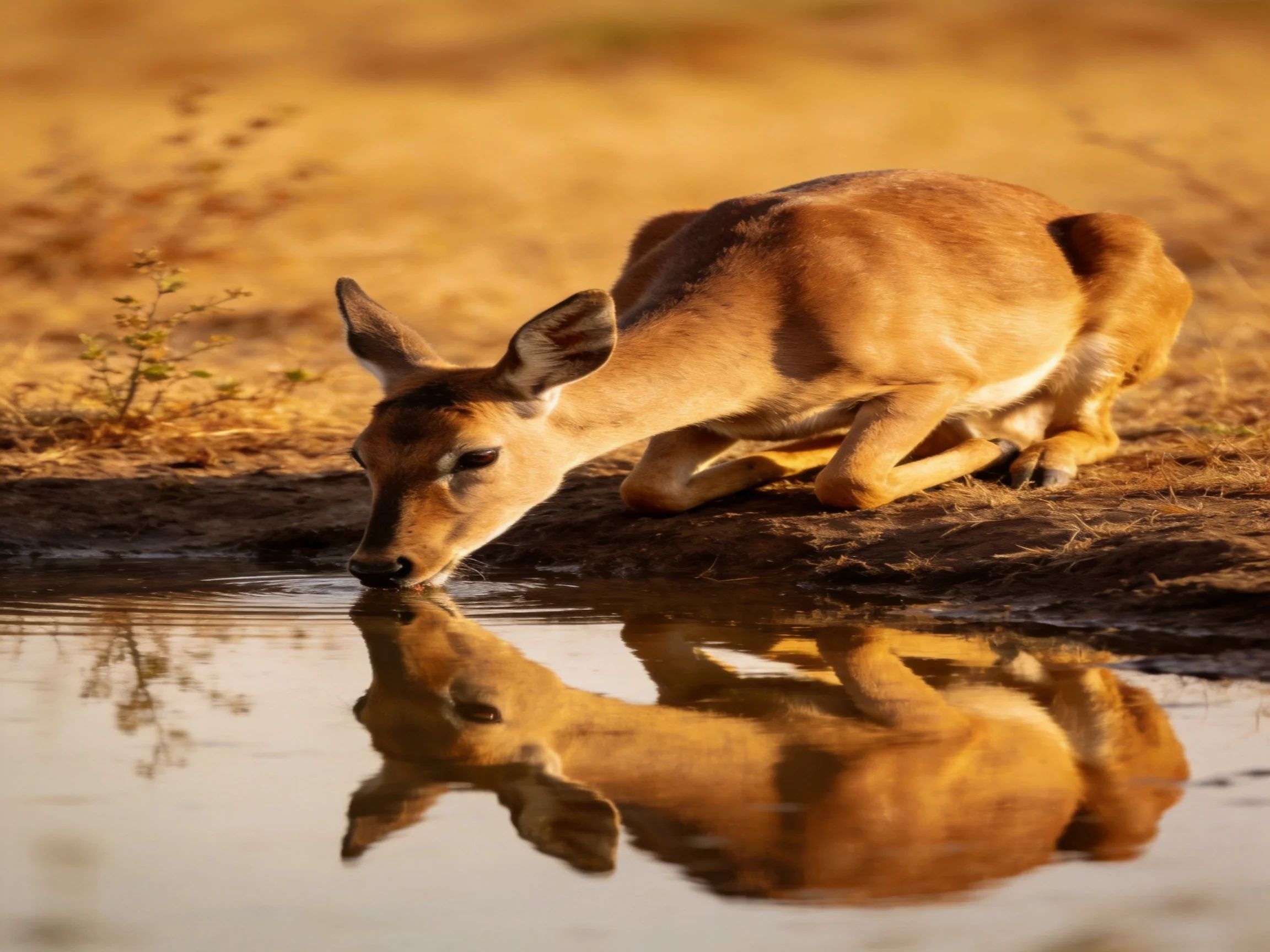 A deer drinks from a waterhole with its reflection in the still water.