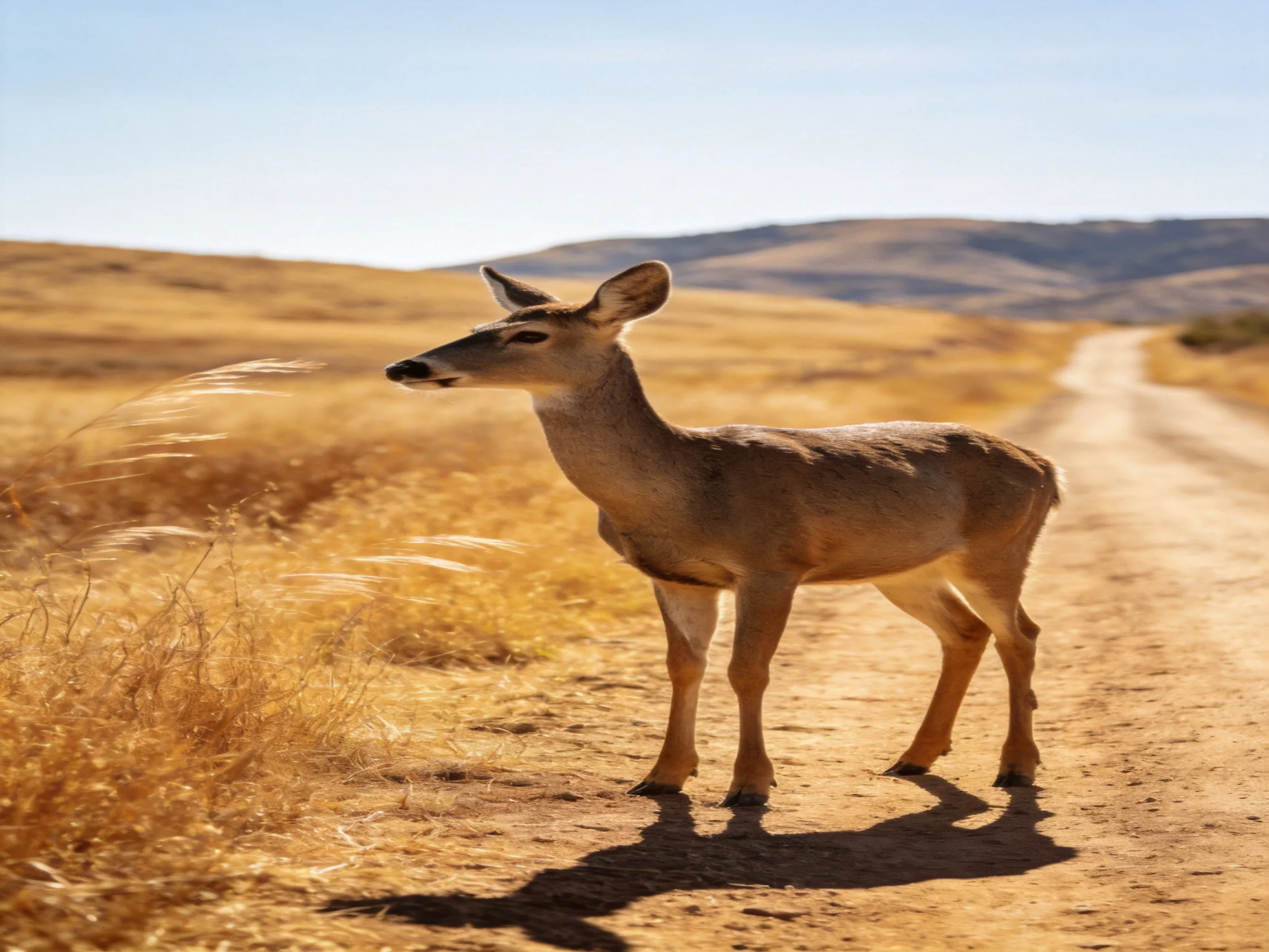 A deer pauses on a dusty path surrounded by golden grasses and rolling hills.