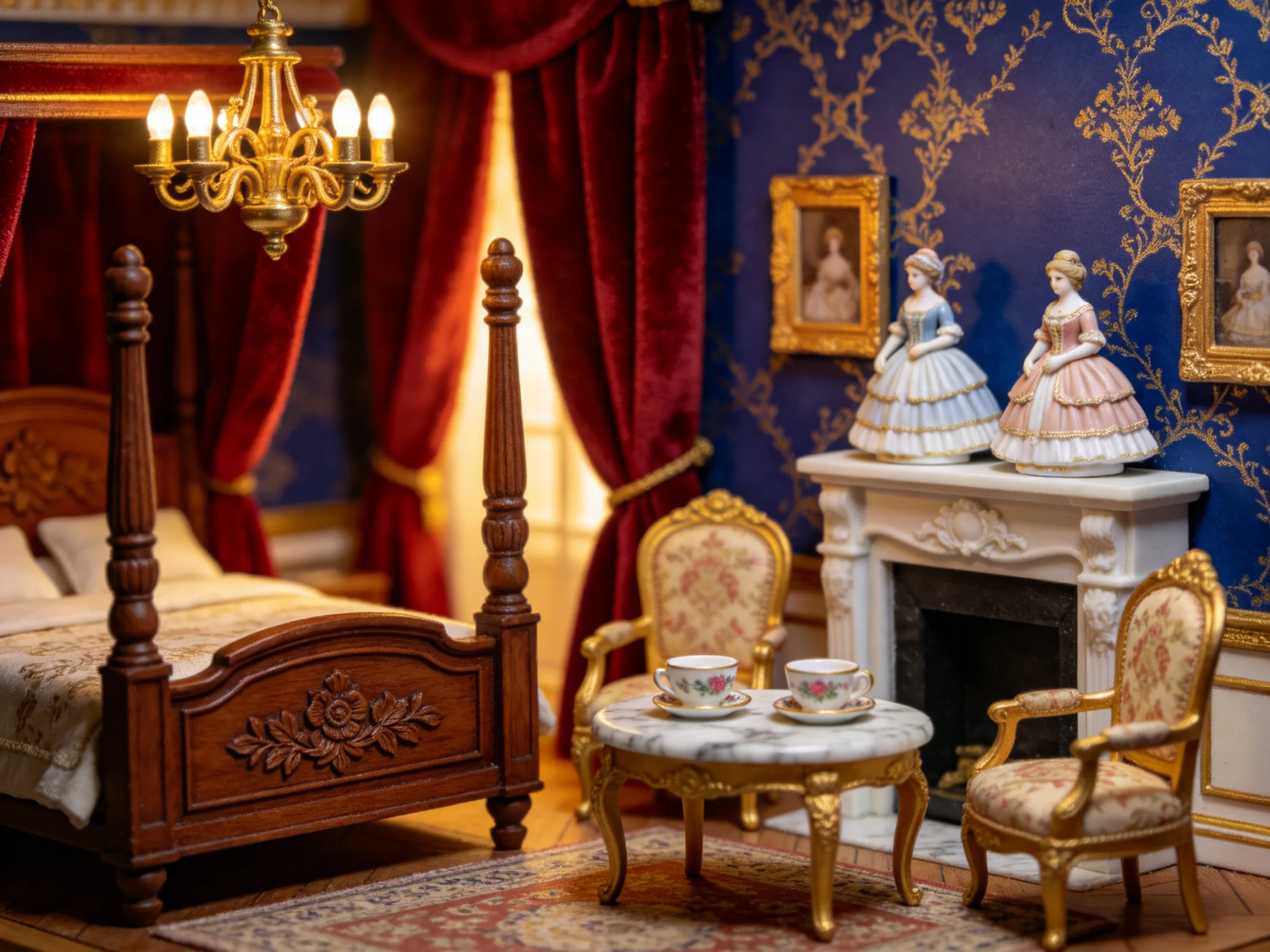 A detailed miniature bedroom with antique furniture and dolls.