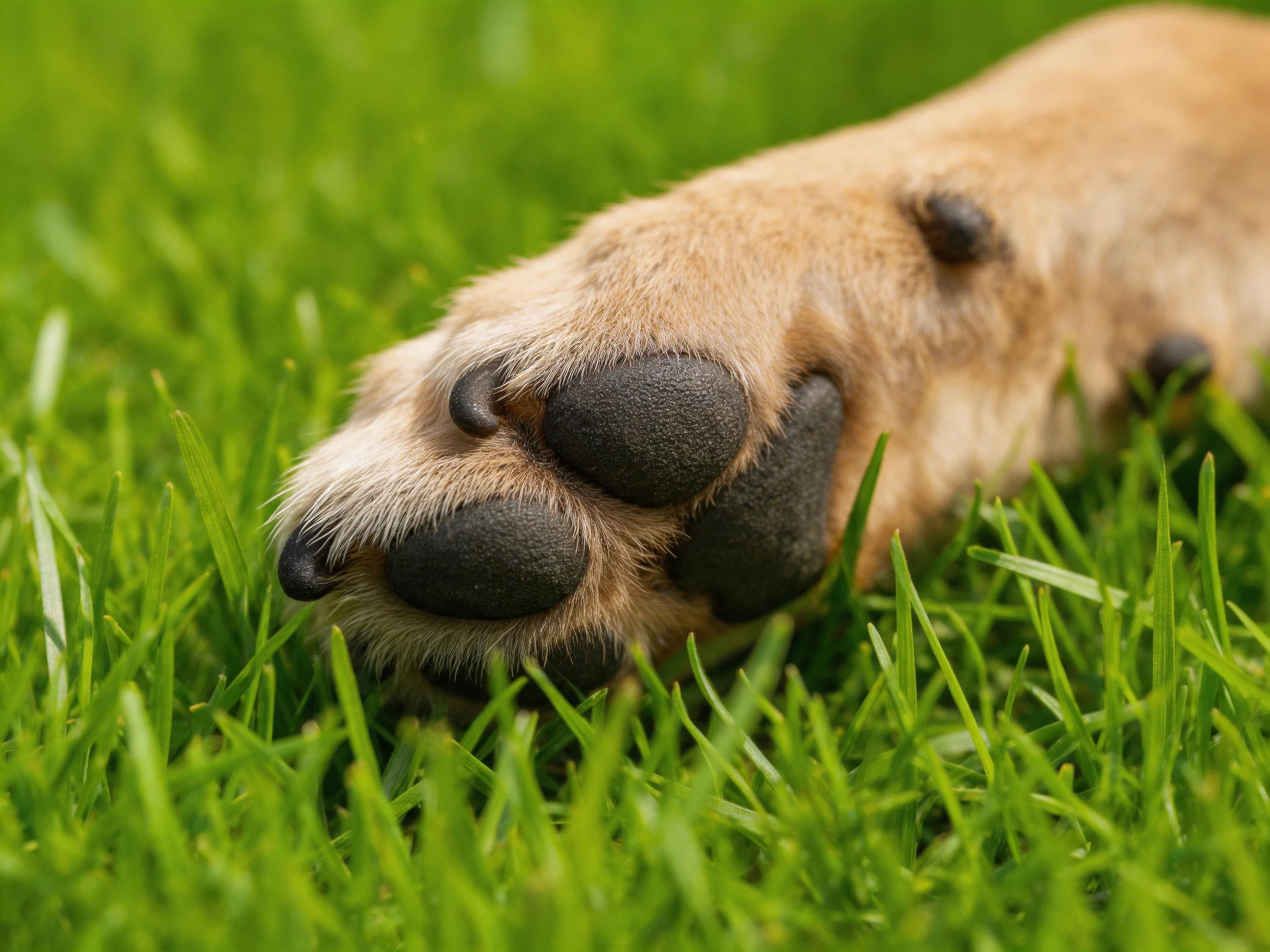 A dogs paw resting in lush green grass