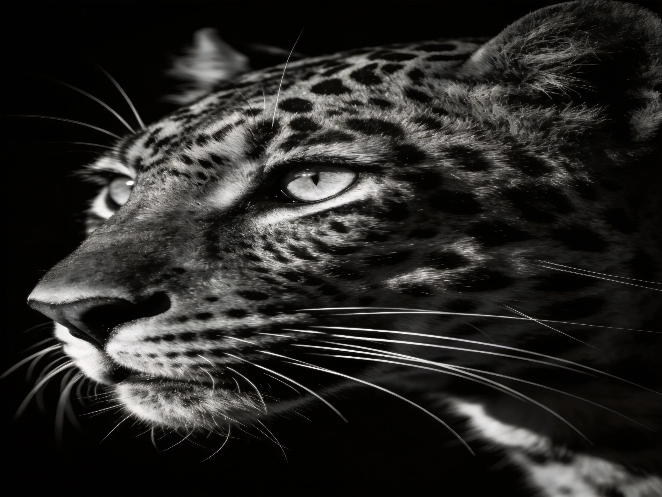 A close - up of a leopards face in stark black - and - white contrast.