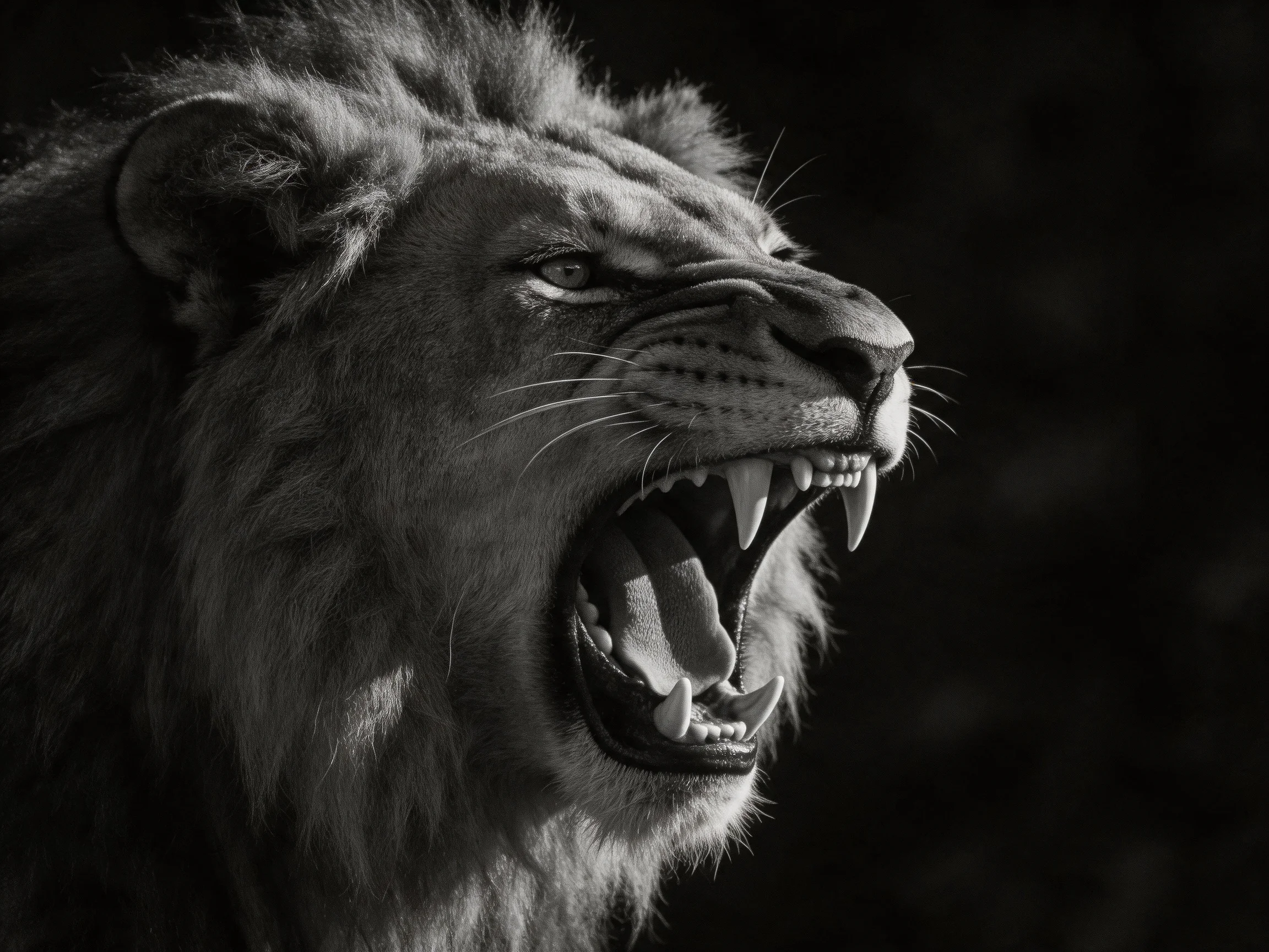 A dramatic black and white close - up of a roaring lion