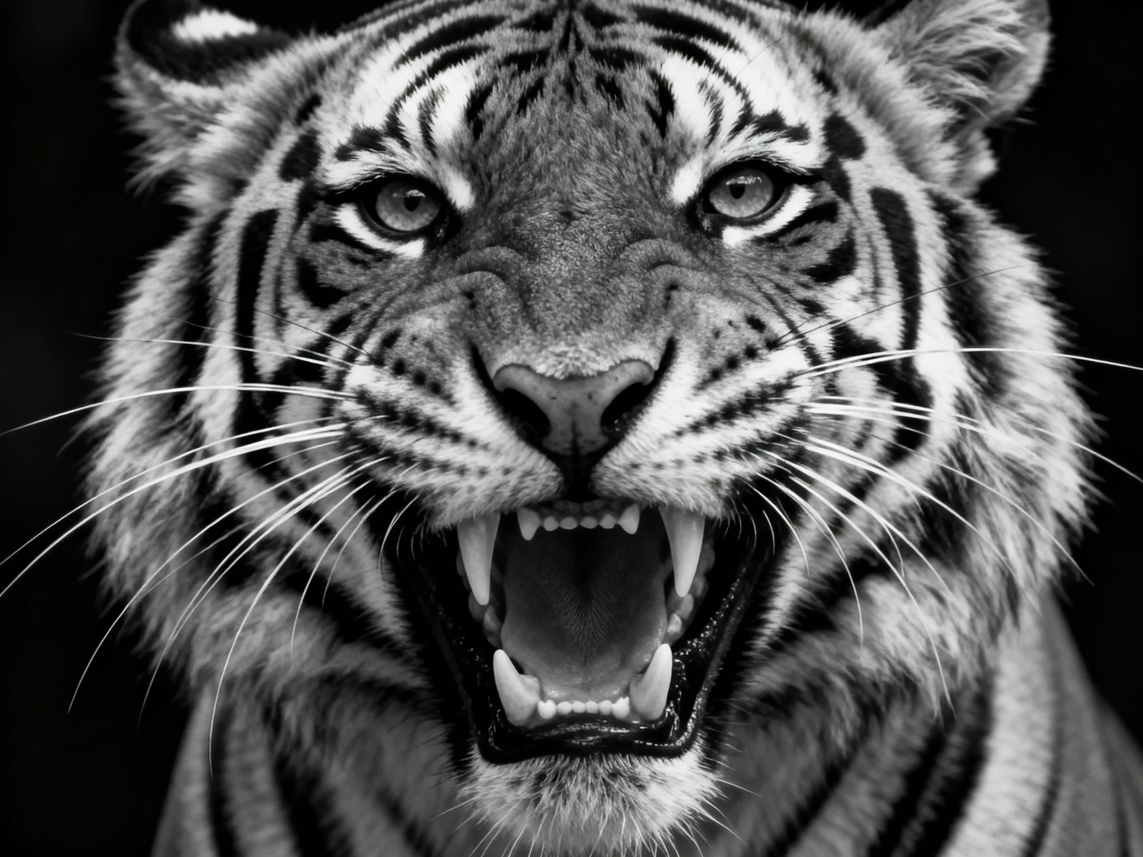 A dramatic black-and-white close-up shows a roaring tiger.