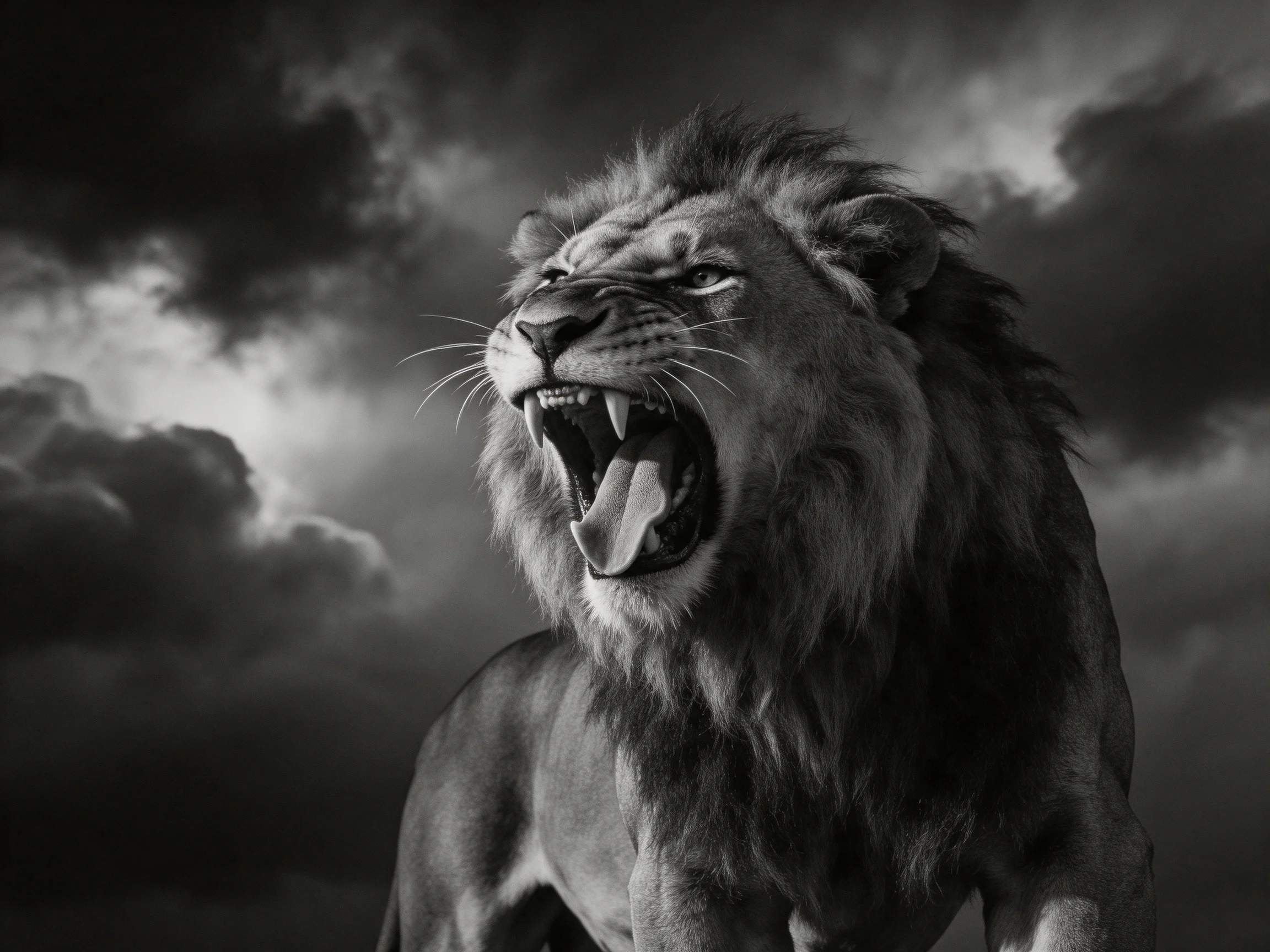 A black-and-white image displays a roaring male lion with its mouth open against a stormy sky.