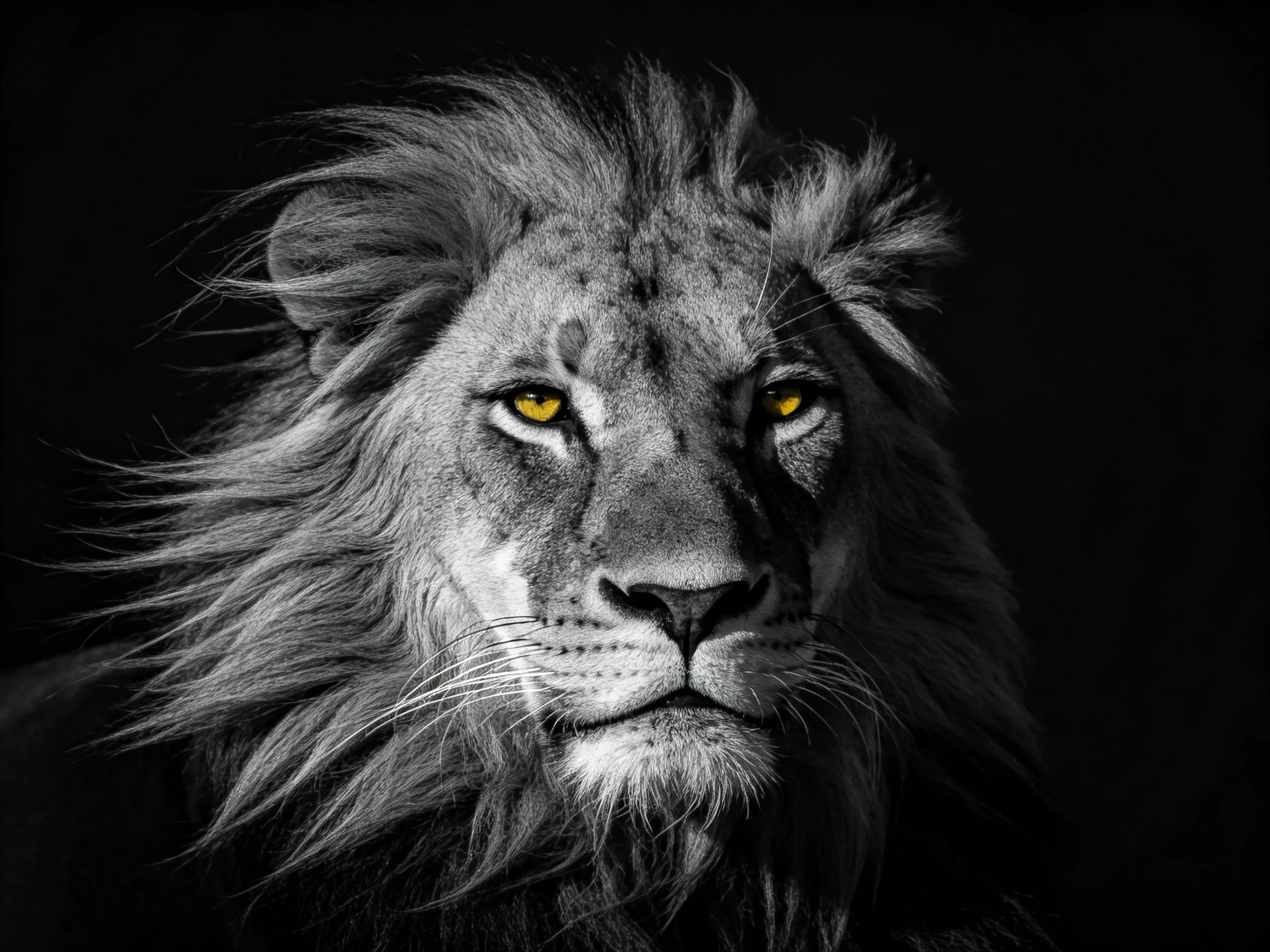 A close - up of a lion with bright yellow eyes in a monochromatic, dark setting.
