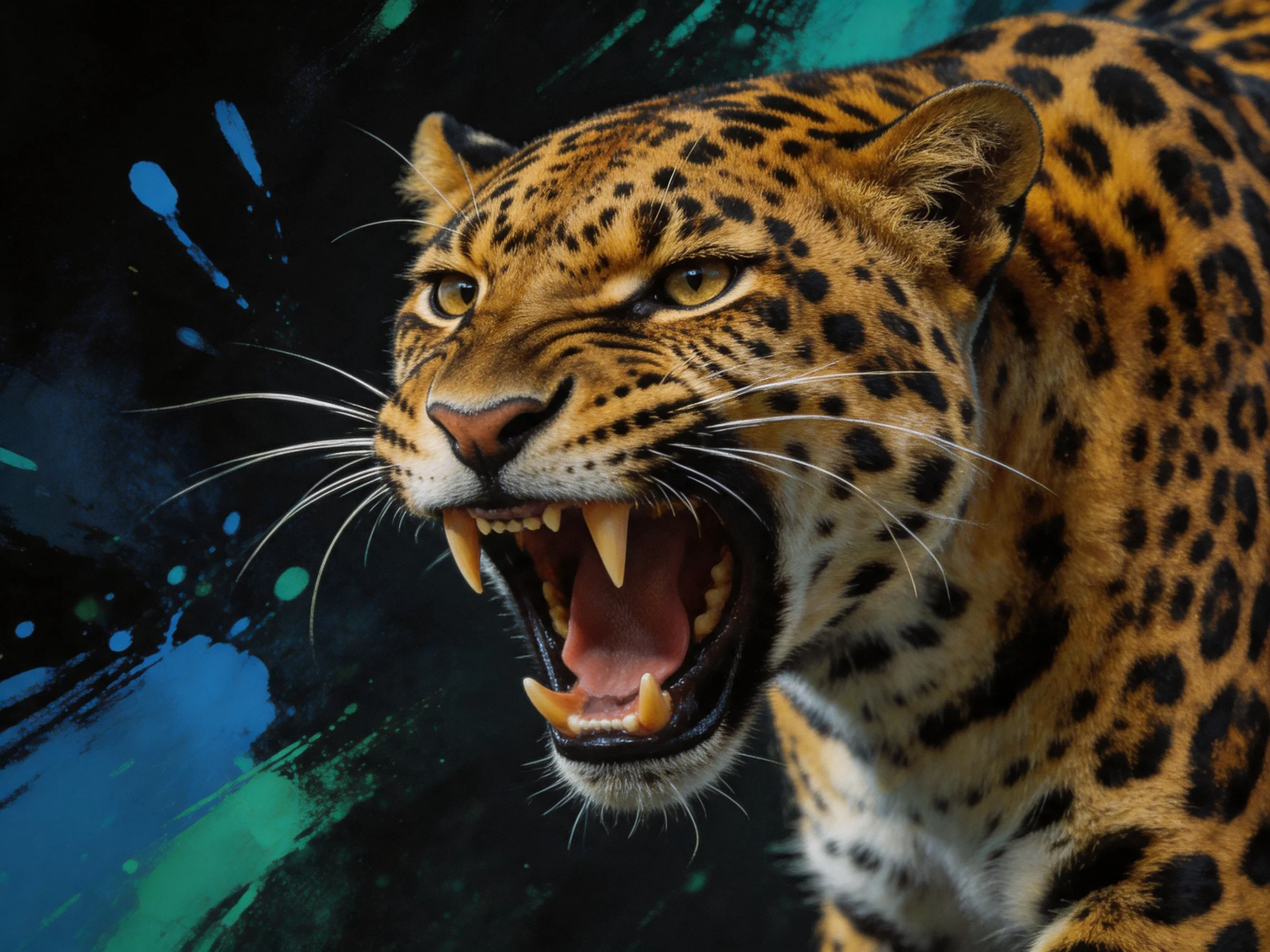 A fierce jaguar with bared teeth against vibrant teal and dark abstract background