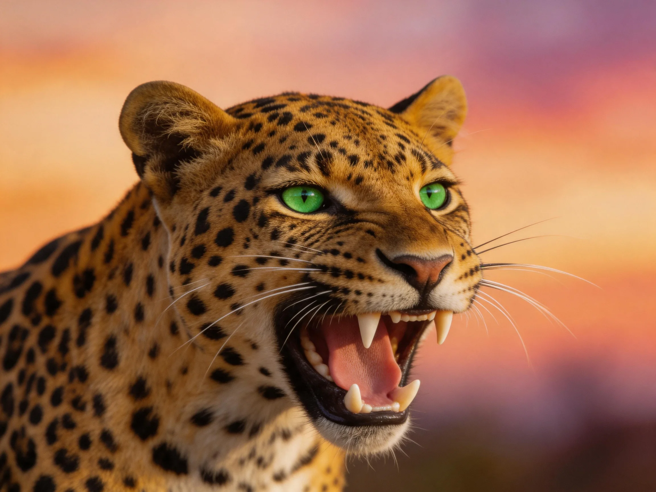 A leopard roars with its mouth open against a colorful sunset backdrop.