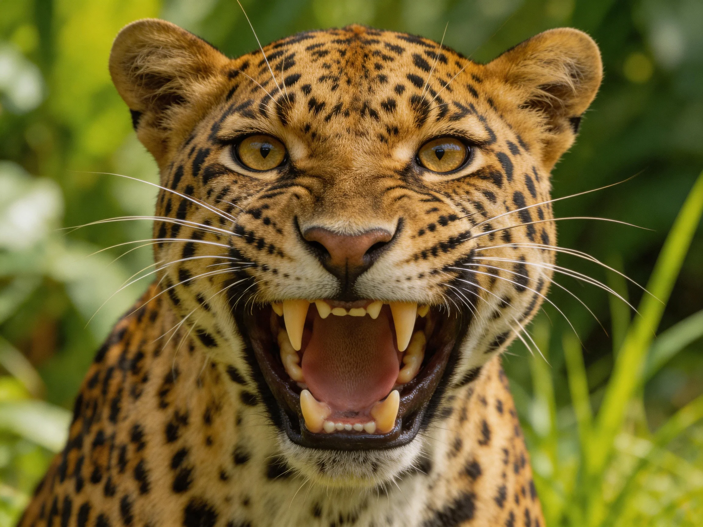 A fierce leopard with sharp fangs and golden eyes in lush greenery