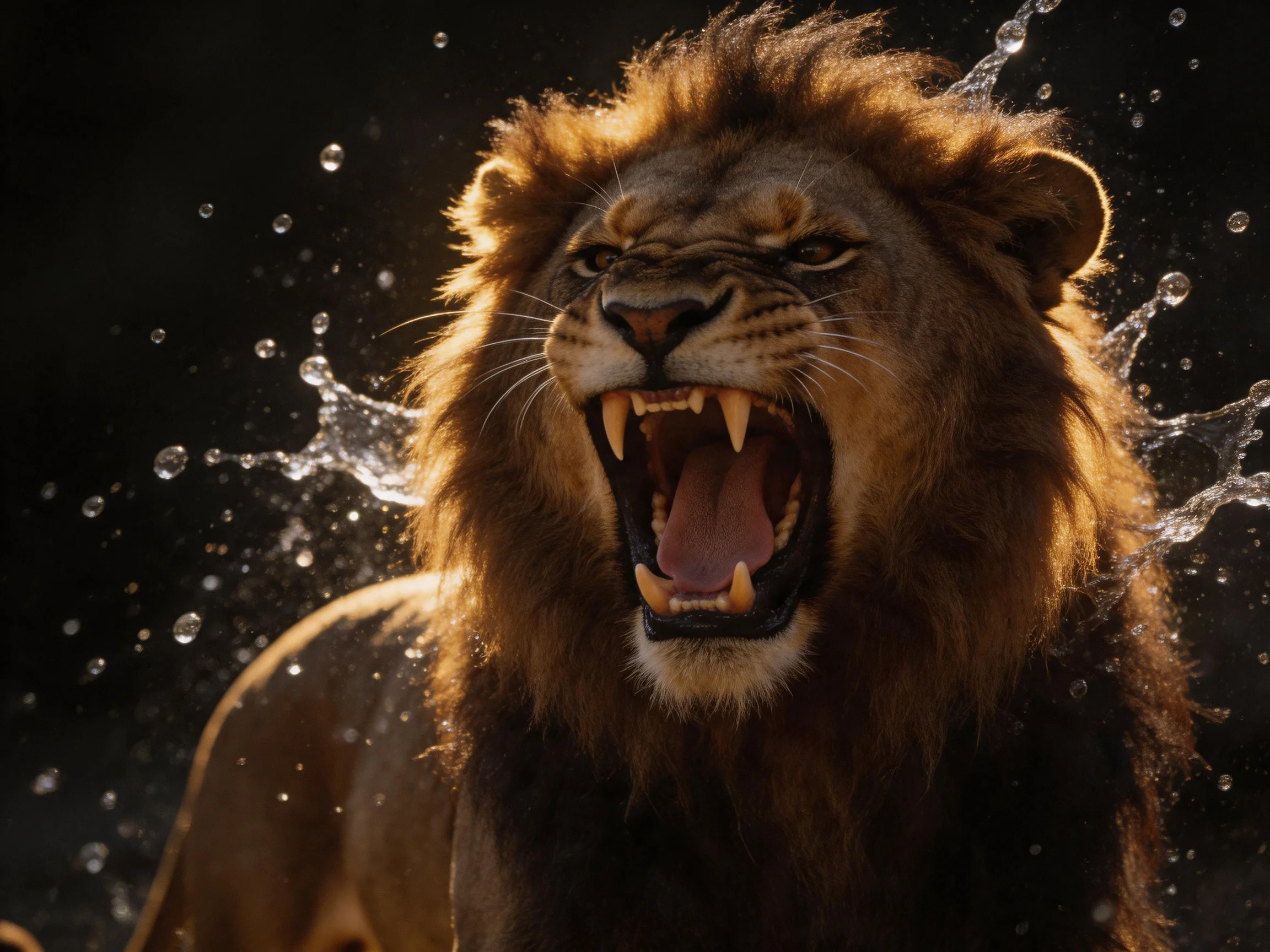 A fierce lion roars amid water splashes on a dark backdrop