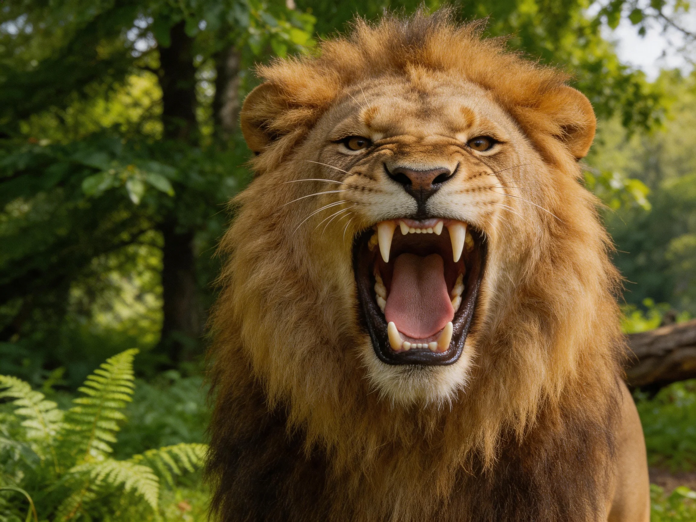 A fierce lion with golden-brown mane roaring in lush green forest