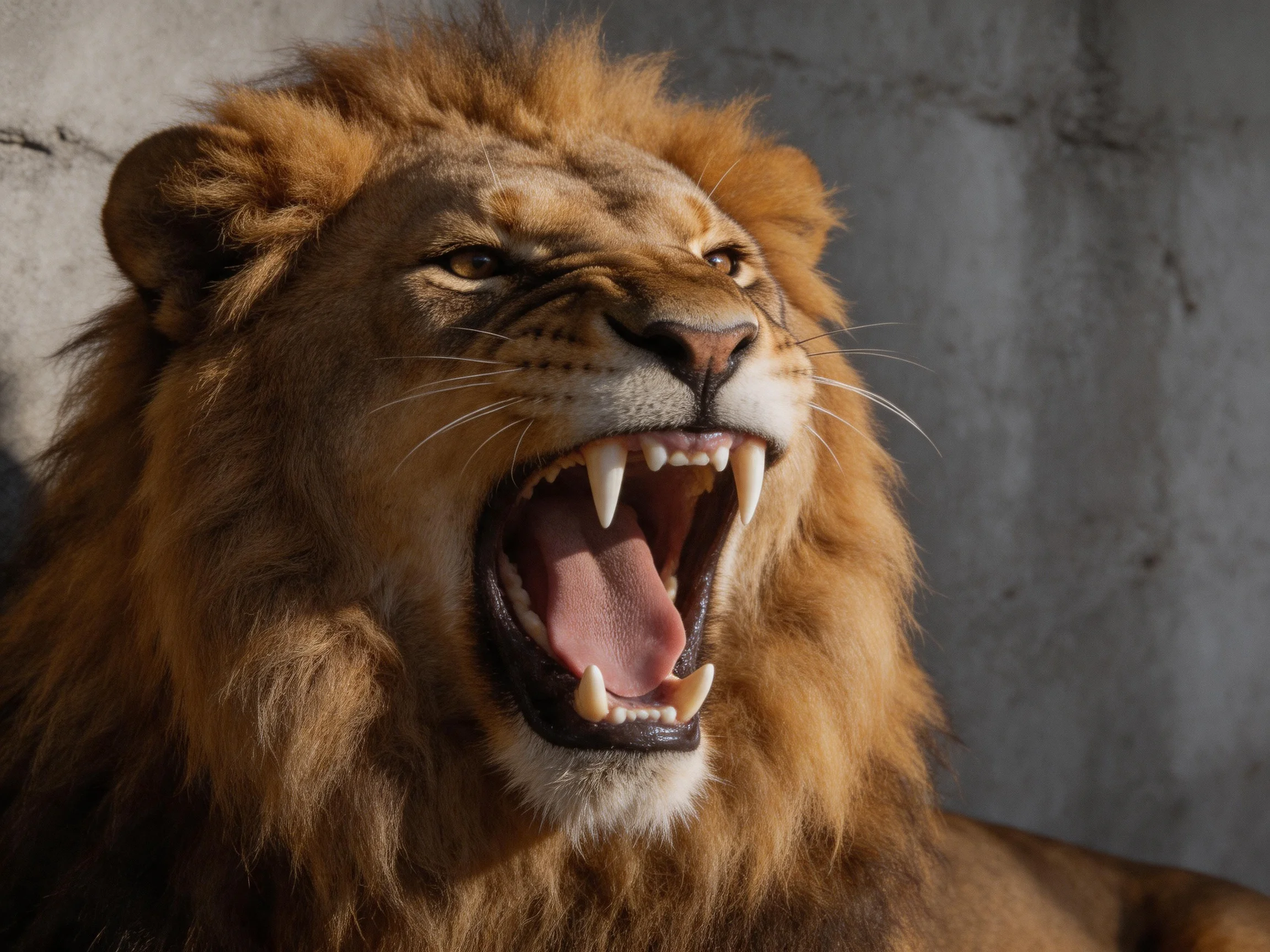 A fierce lion with golden-brown mane roars near a gray concrete wall