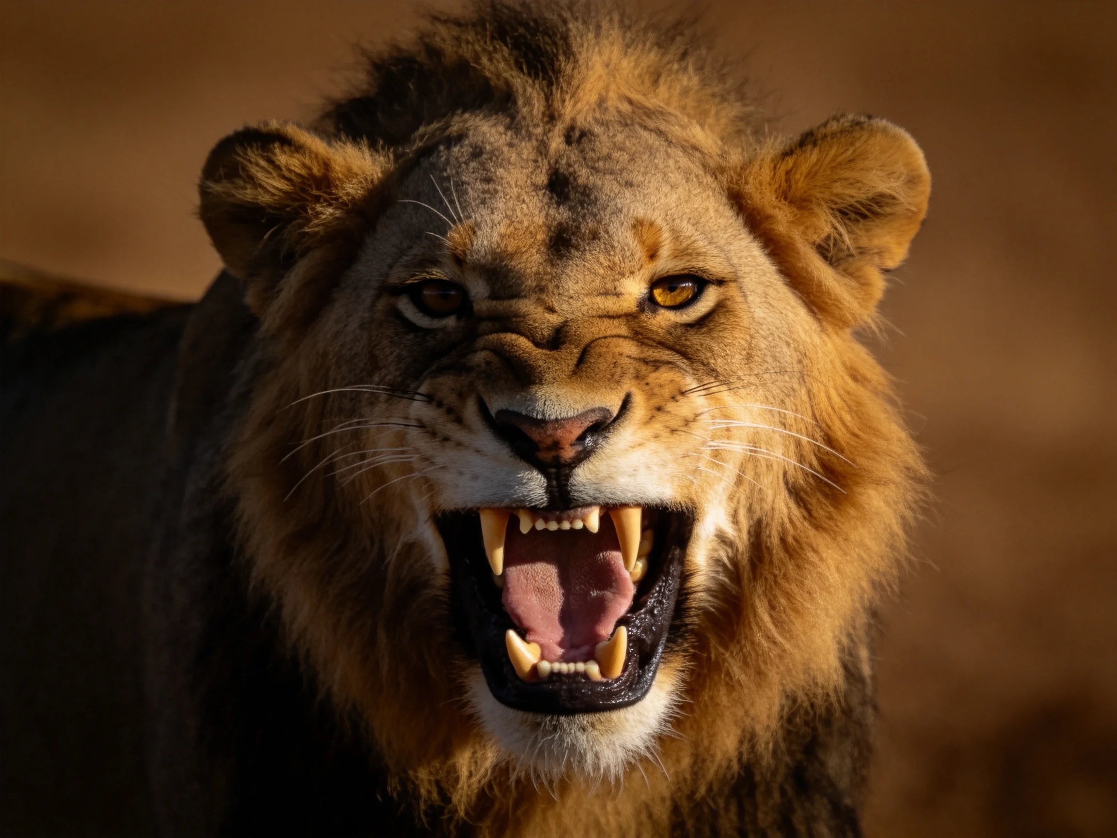A fierce lion with golden mane roaring against a warm brown backdrop