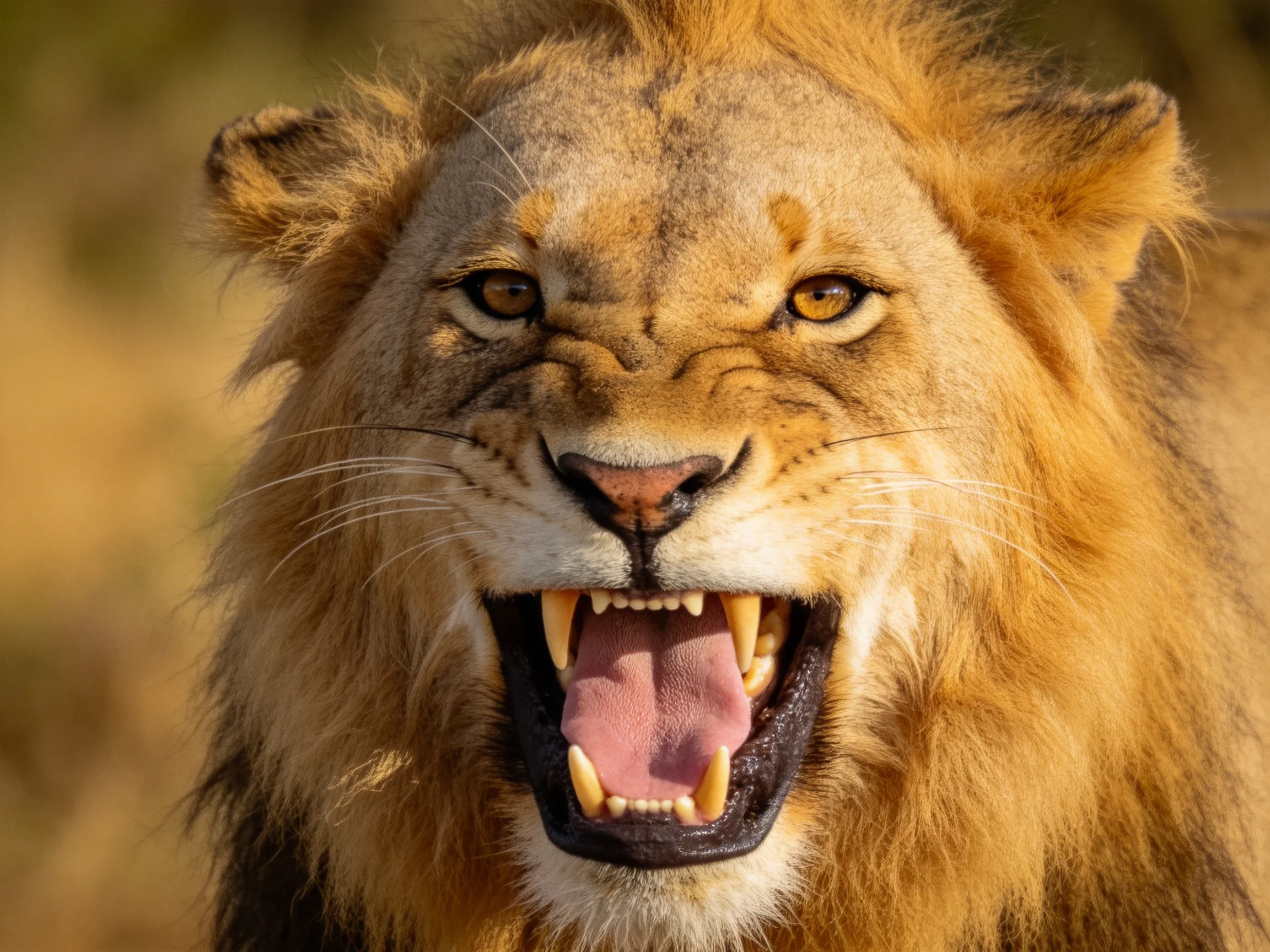 A fierce lion with golden mane roaring in natural habitat