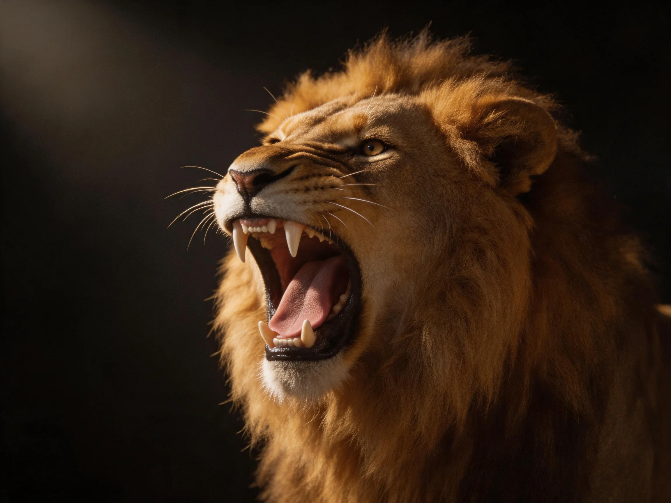 A lion roars with mouth open against a dark background