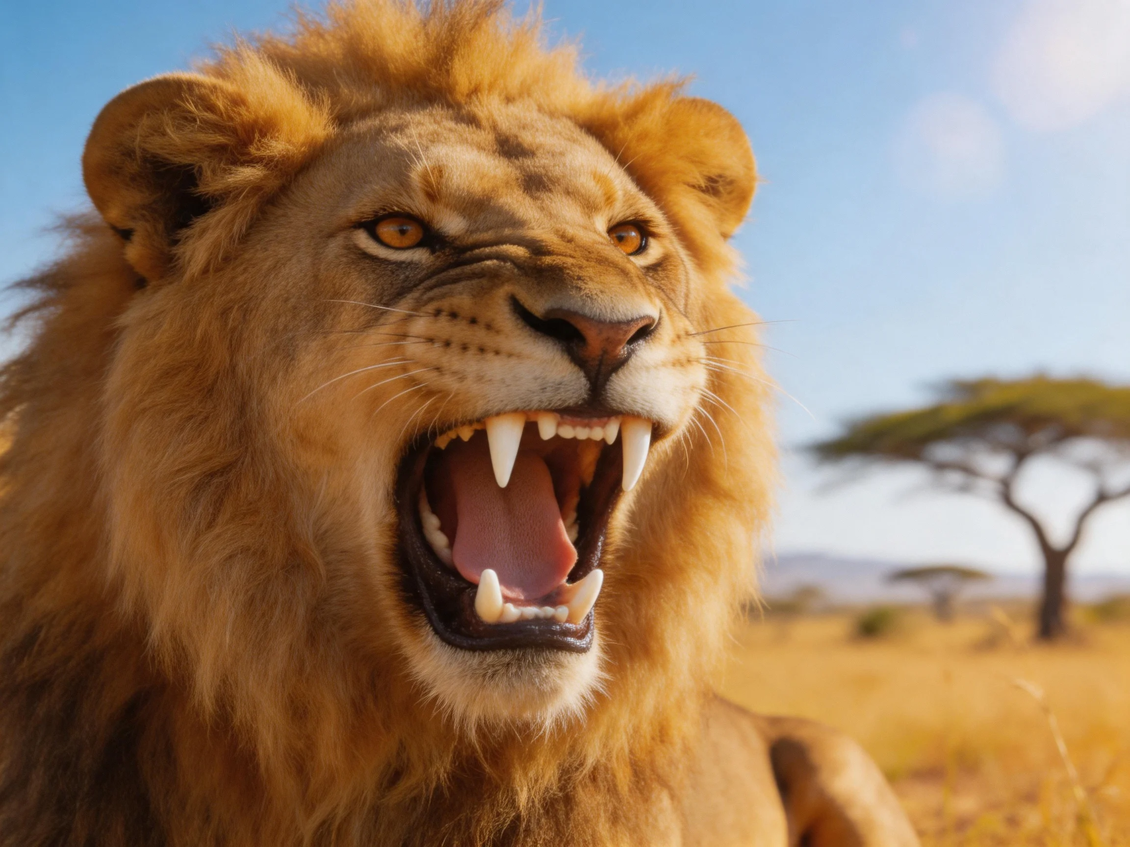 A lion roars widely in a savannah setting.