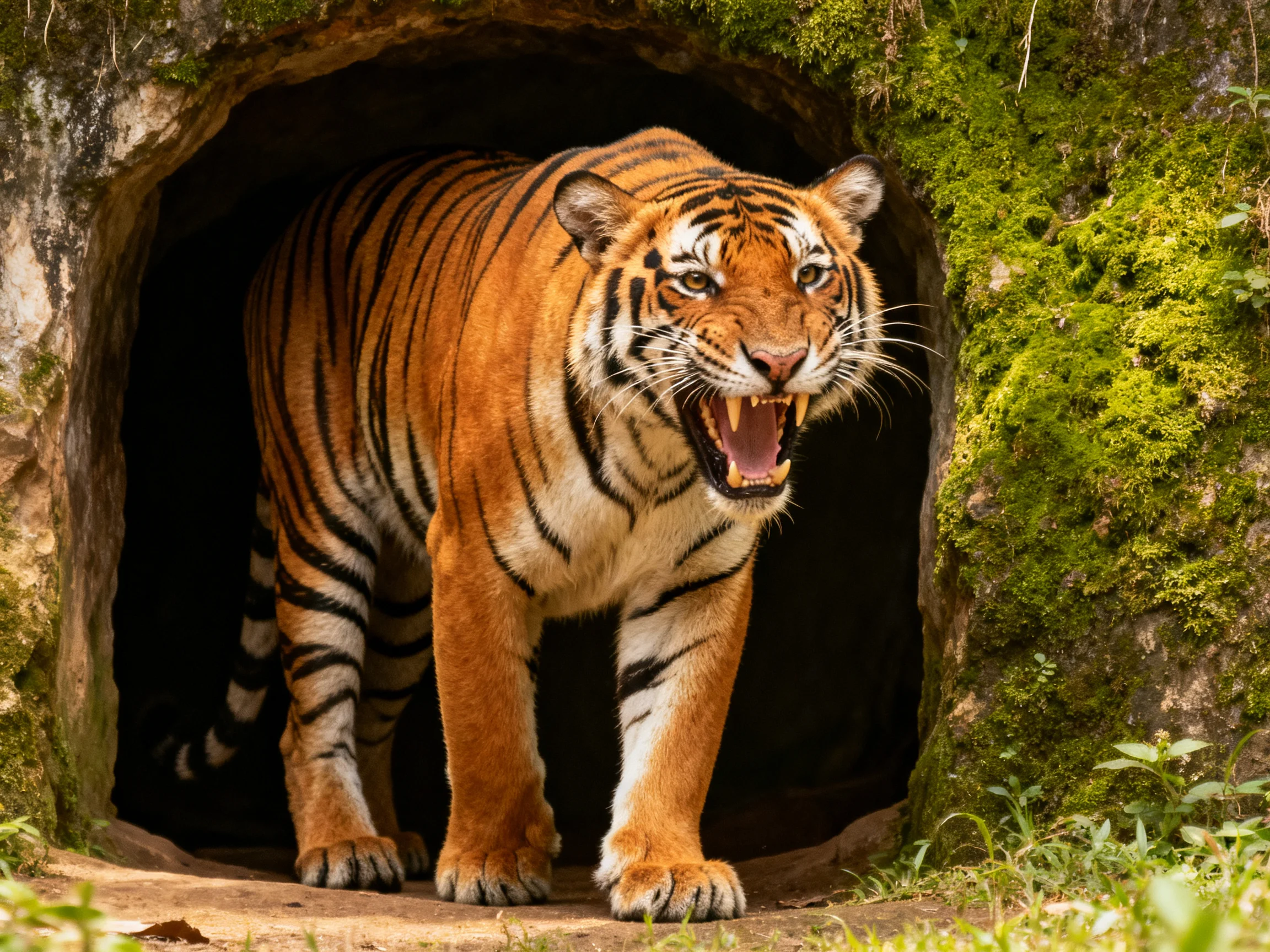 A tiger roars as it exits a dark rocky cave