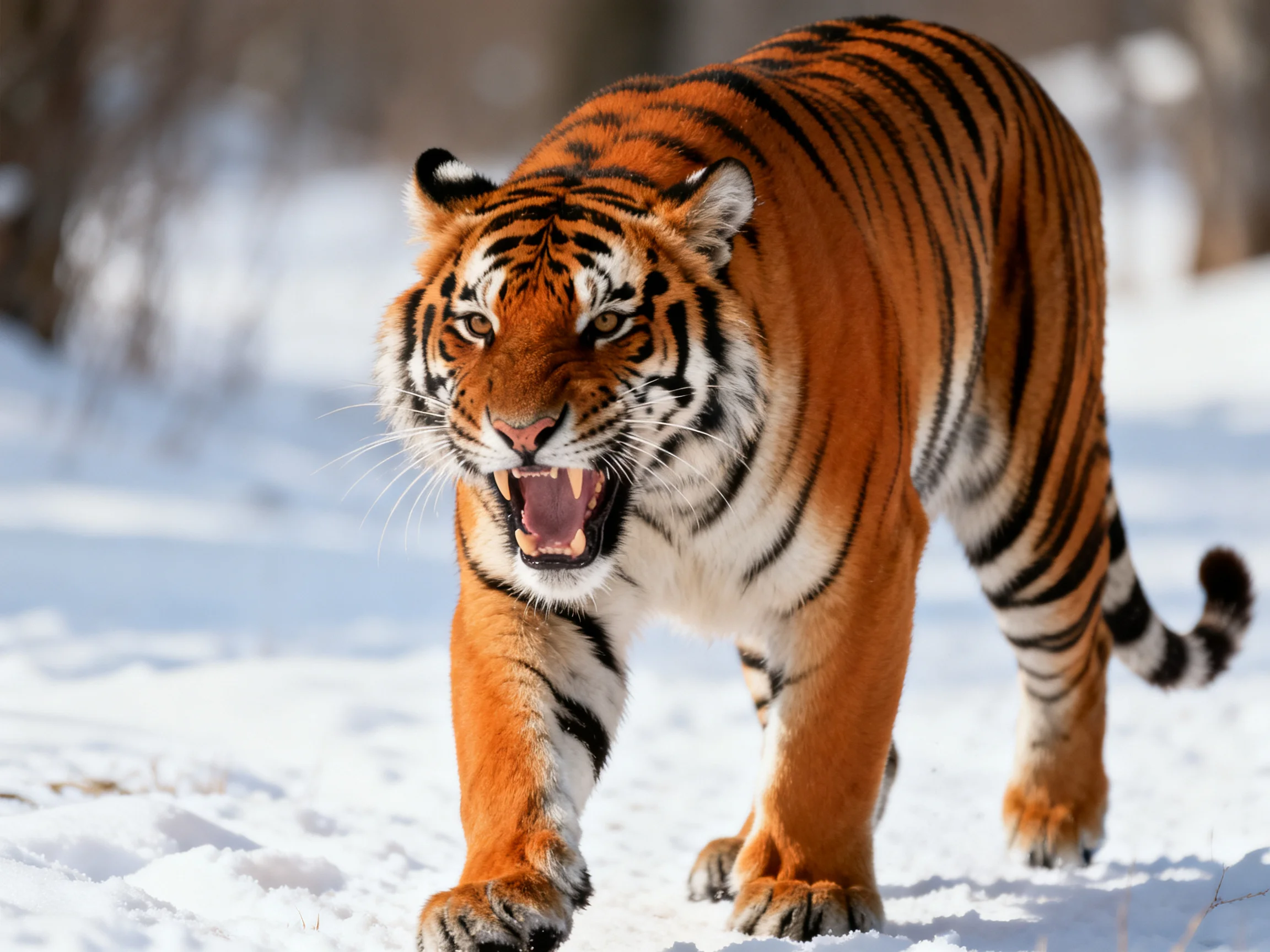 A fierce orange tiger roams through a bright snowy landscape