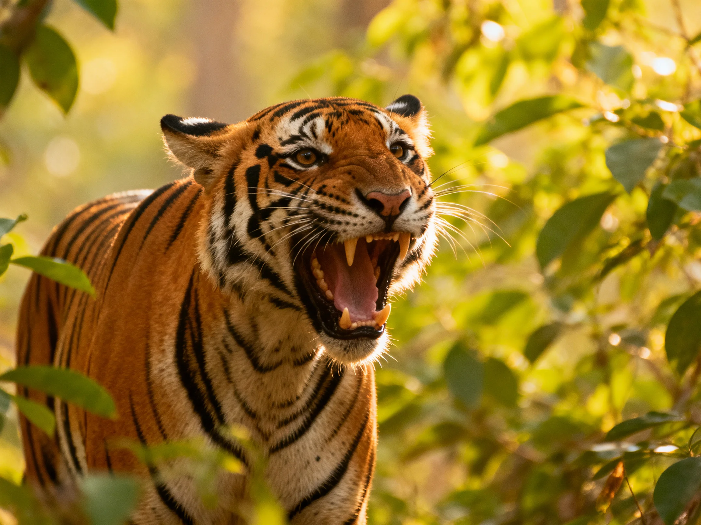 A fierce orange tiger roars amid lush green foliage