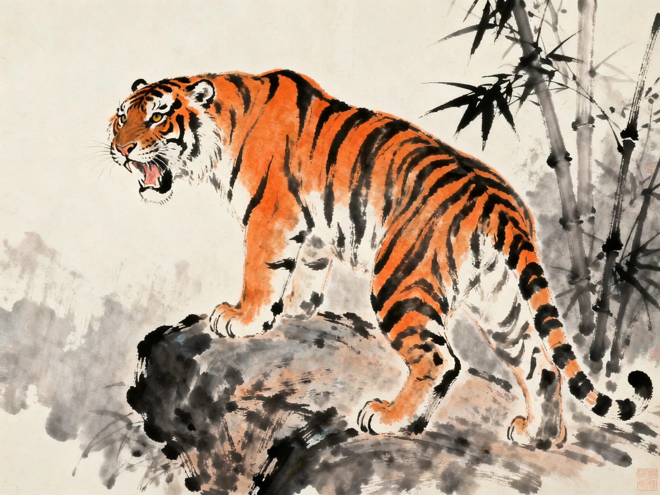 A fierce orange tiger with black stripes on a rocky outcrop near bamboo