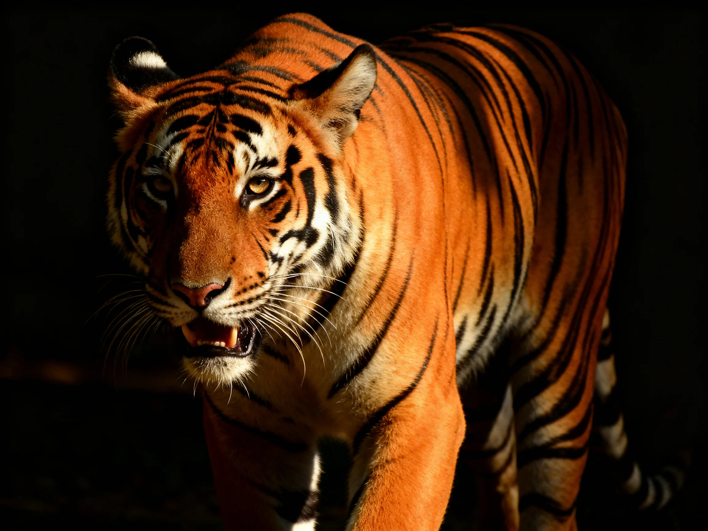 A fierce orange tiger with bold black stripes in dramatic lighting