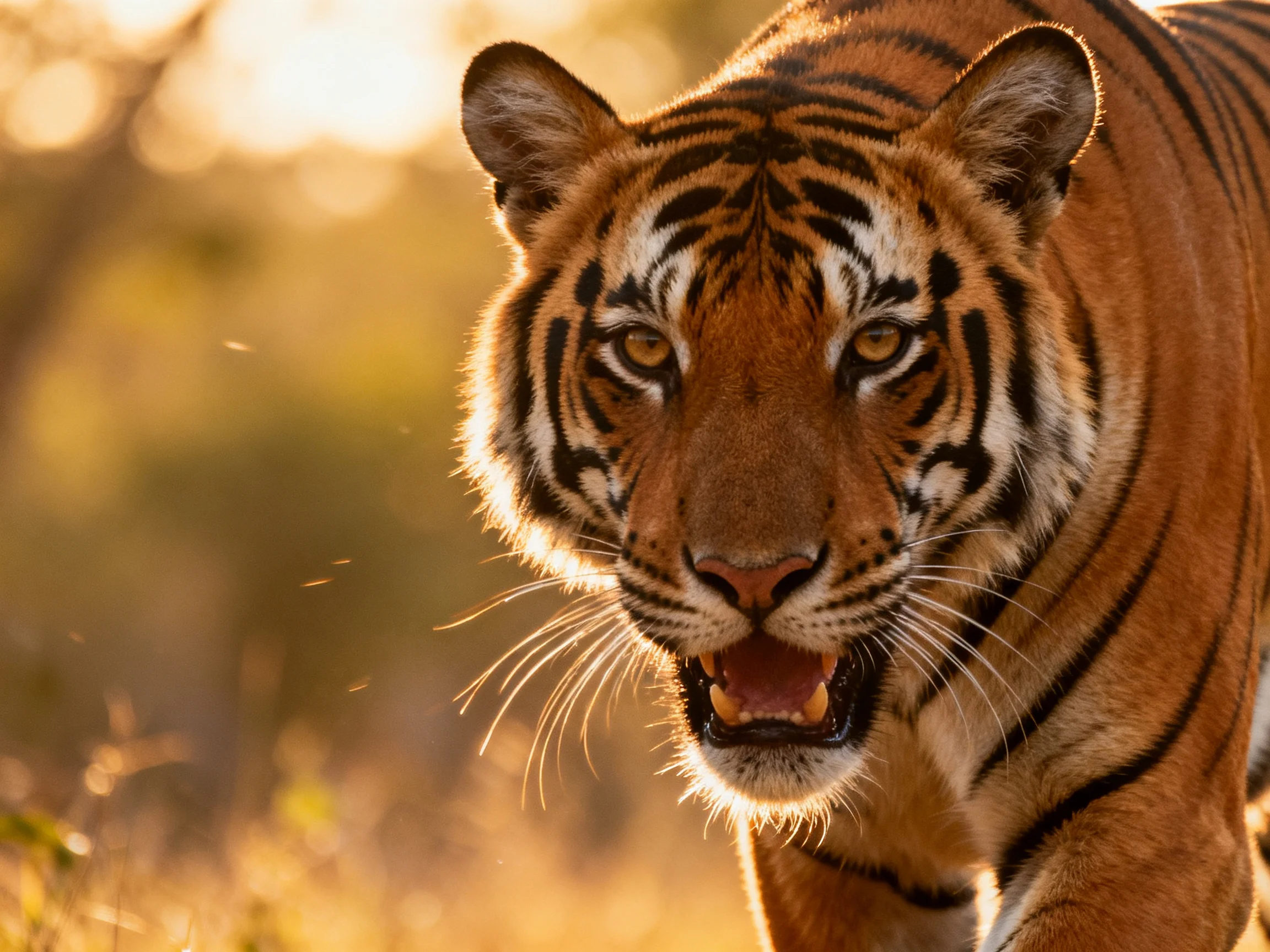 A fierce orange tiger with bold black stripes in golden light