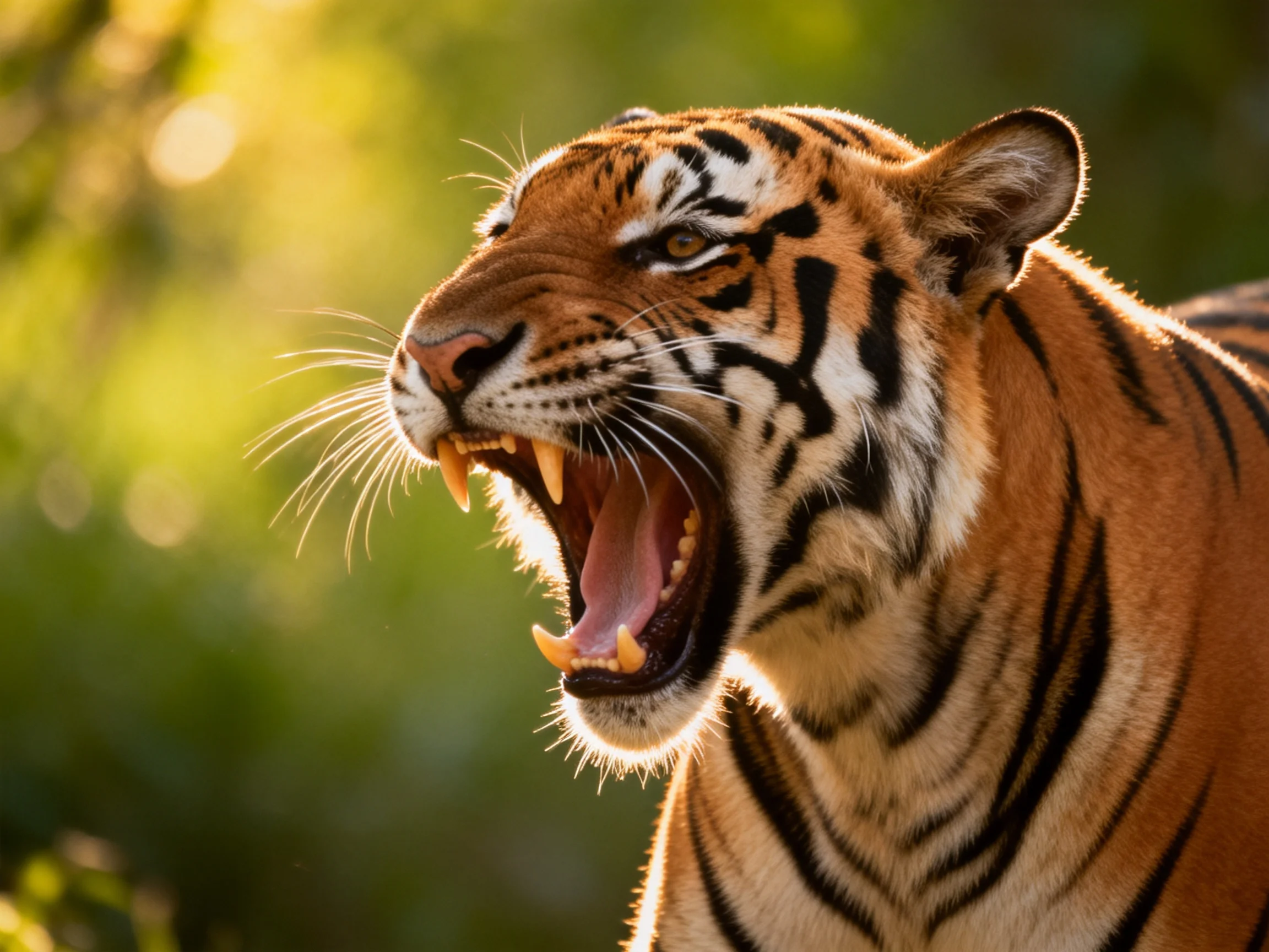 A fierce orange tiger yawning widely in a sun-dappled forest