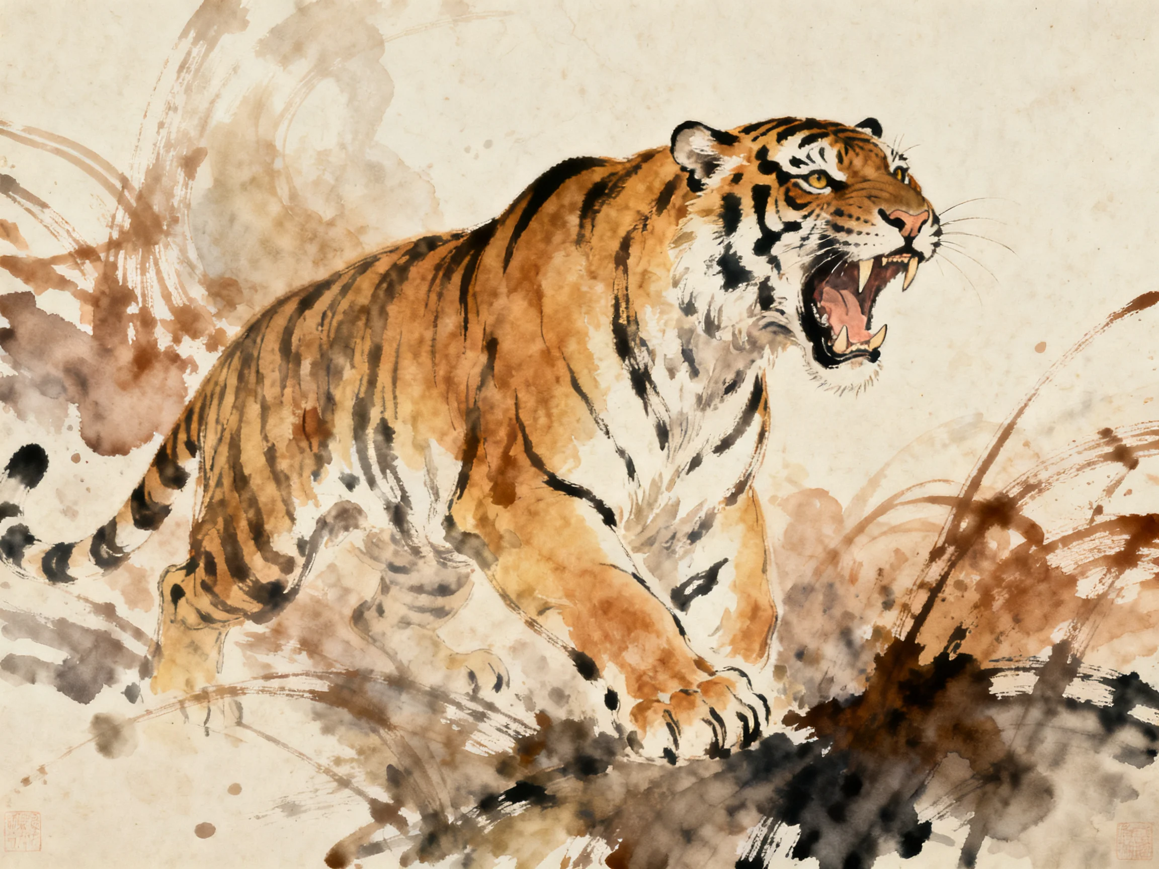 A fierce tiger illustrated in bold watercolor brushstrokes with earthy tones