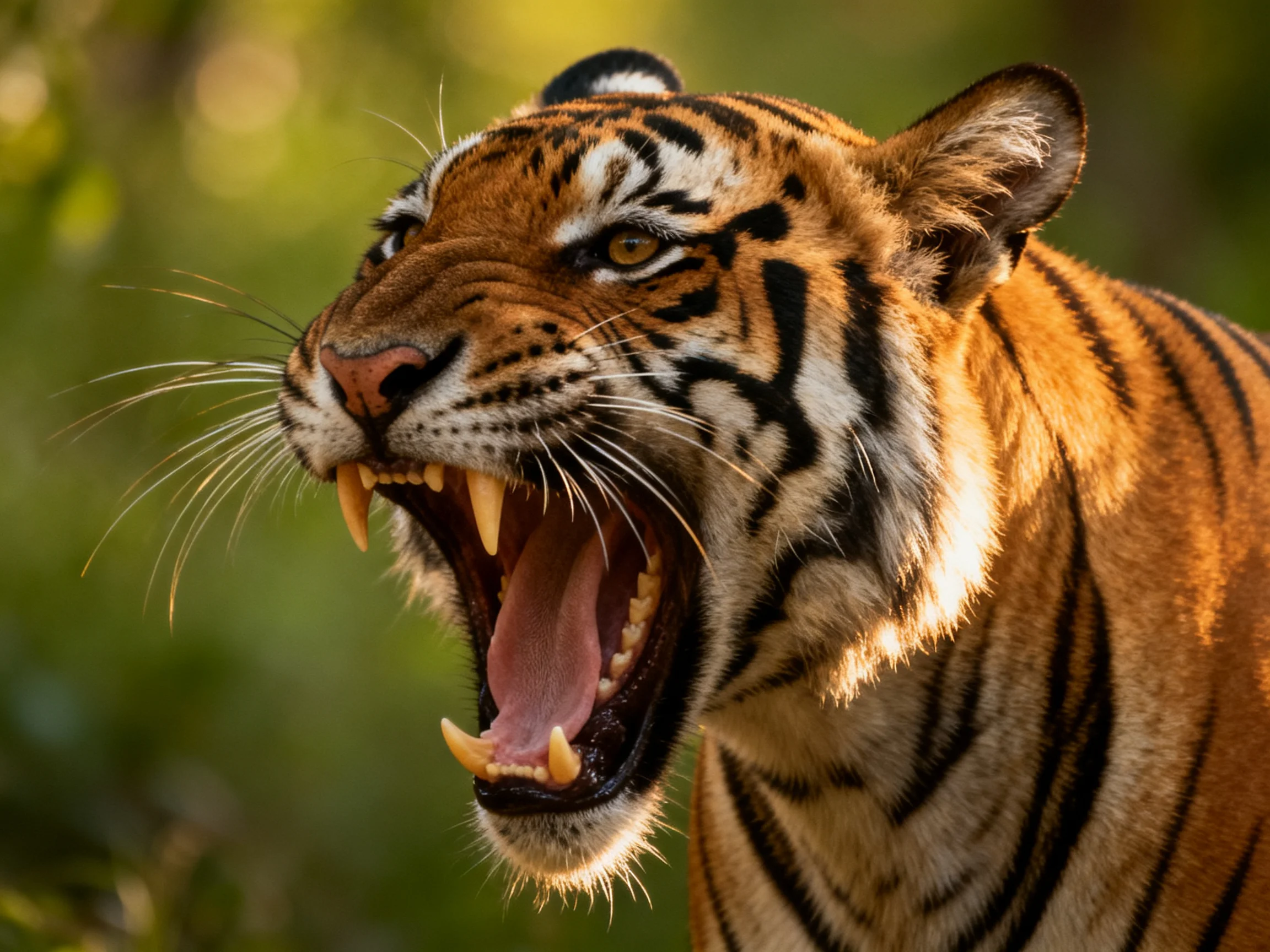 A fierce tiger roaring with sharp teeth in a sunlit forest