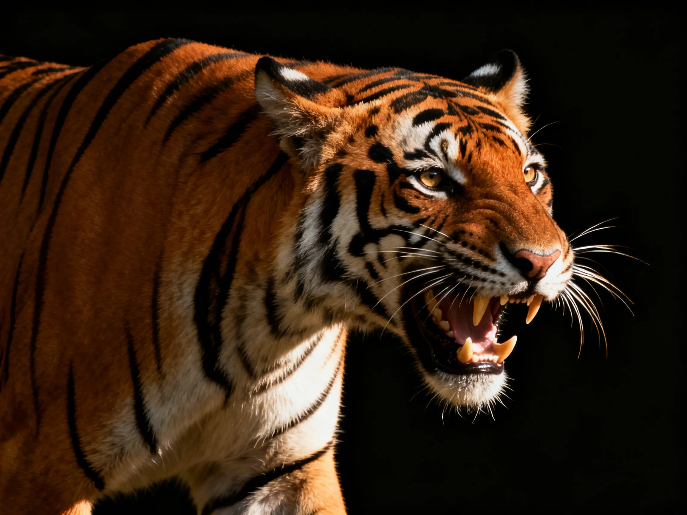 A fierce tiger with bold black stripes and vibrant orange fur