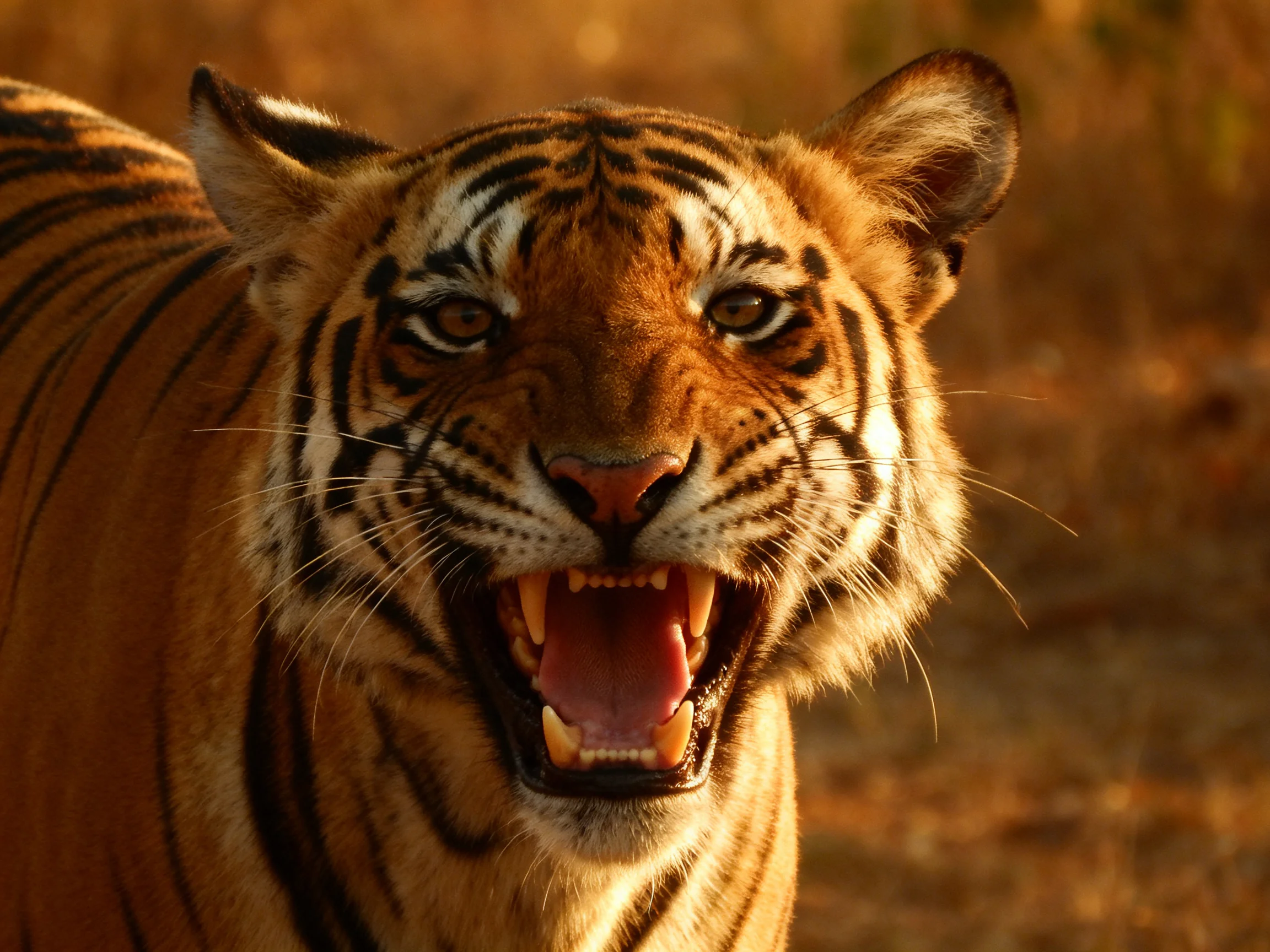 A fierce tiger with bold black stripes in golden sunlight