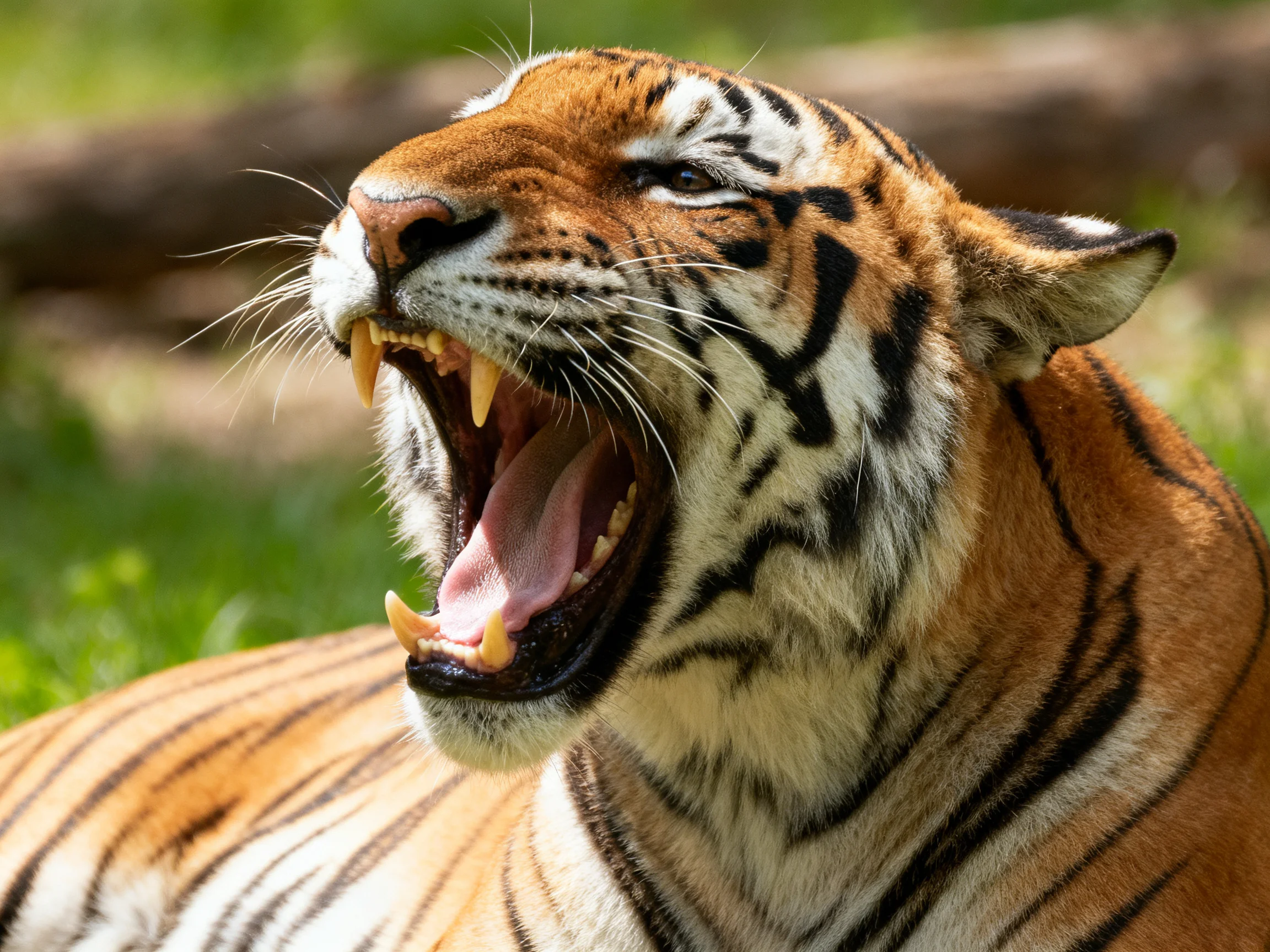 A fierce tiger with bold black stripes yawning in natural light