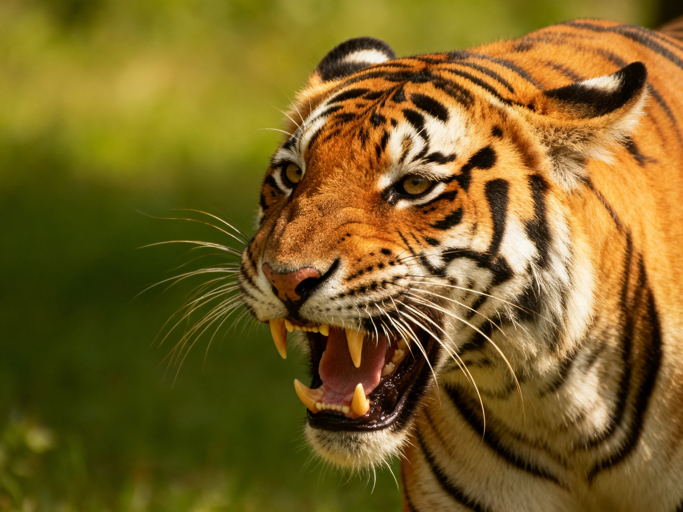A fierce tiger with orange fur and bold black stripes roars in a lush green setting
