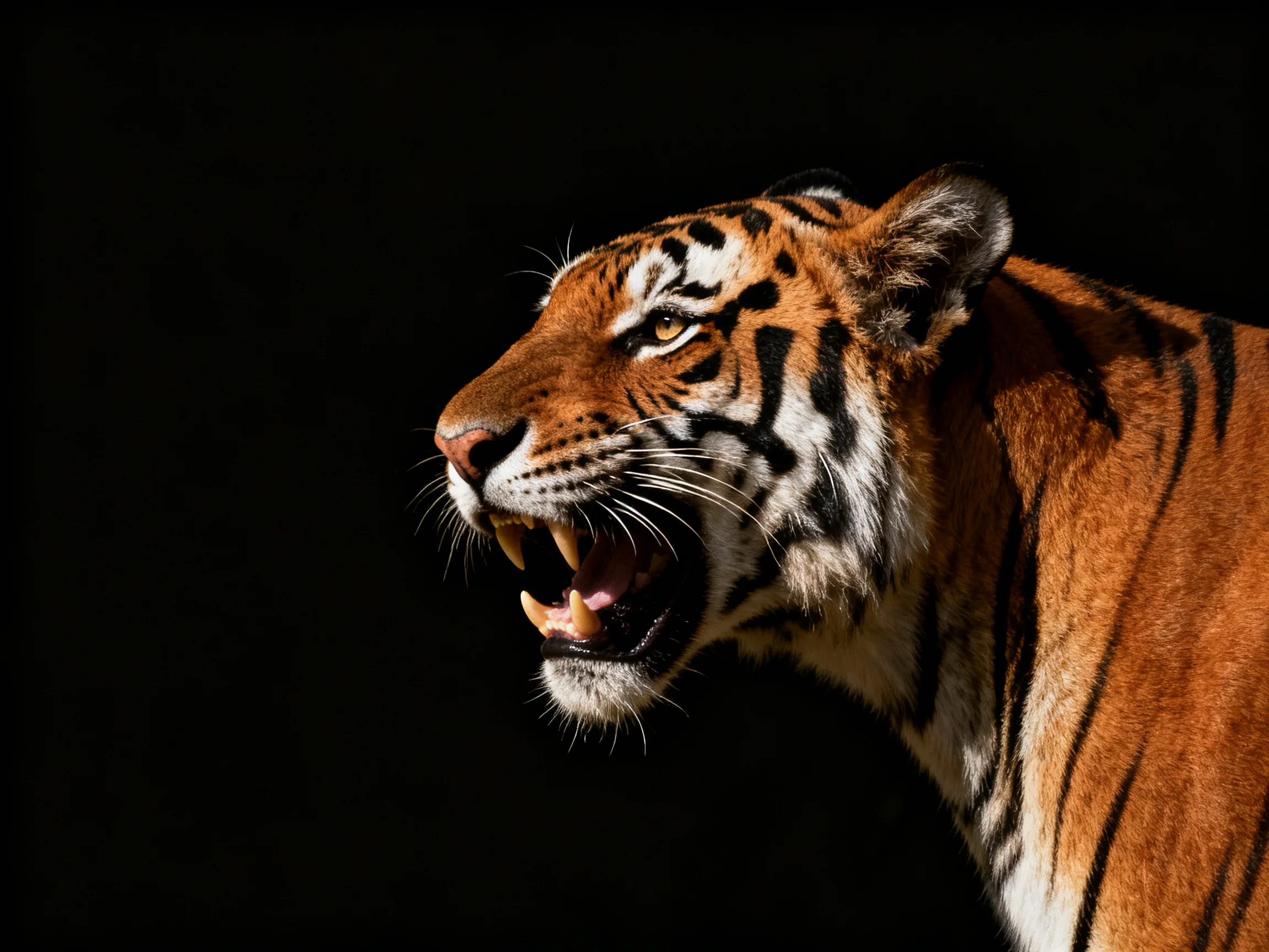 A fierce tiger with vibrant orange fur and bold black stripes against a dark backdrop