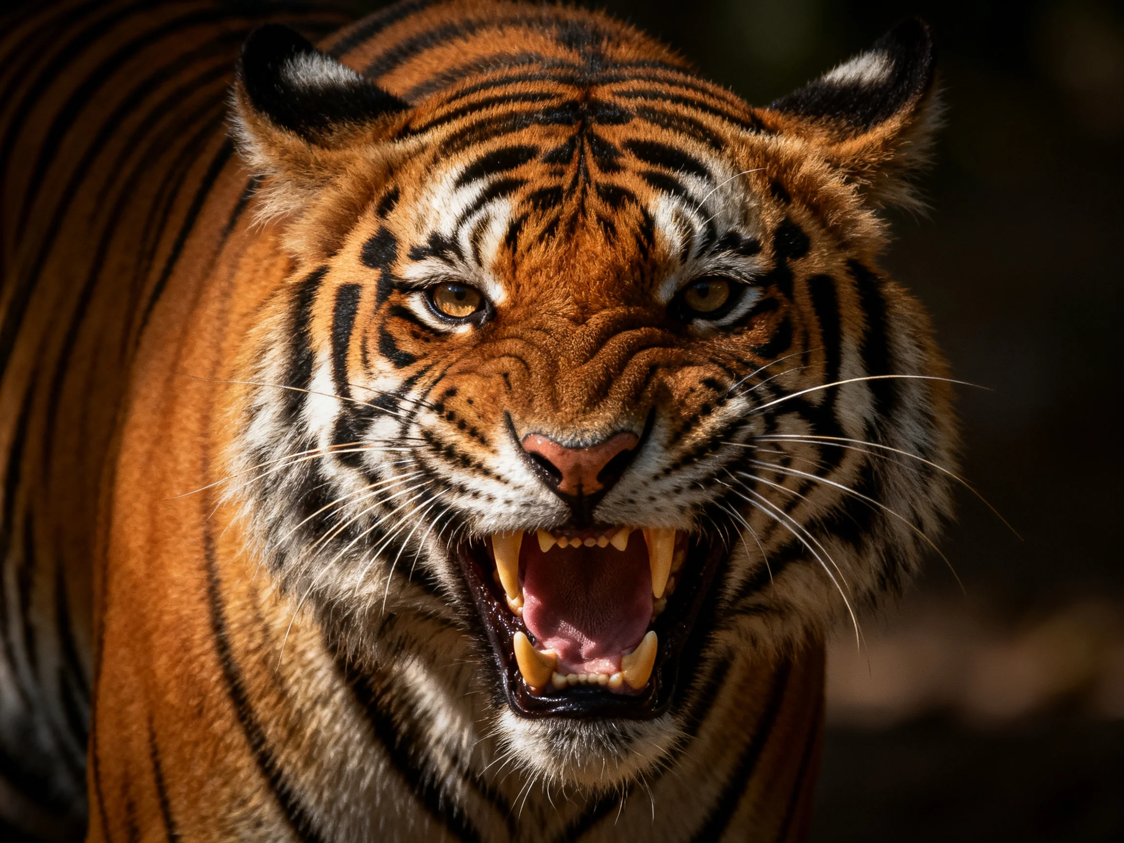 A fierce tiger with vibrant orange fur and bold black stripes