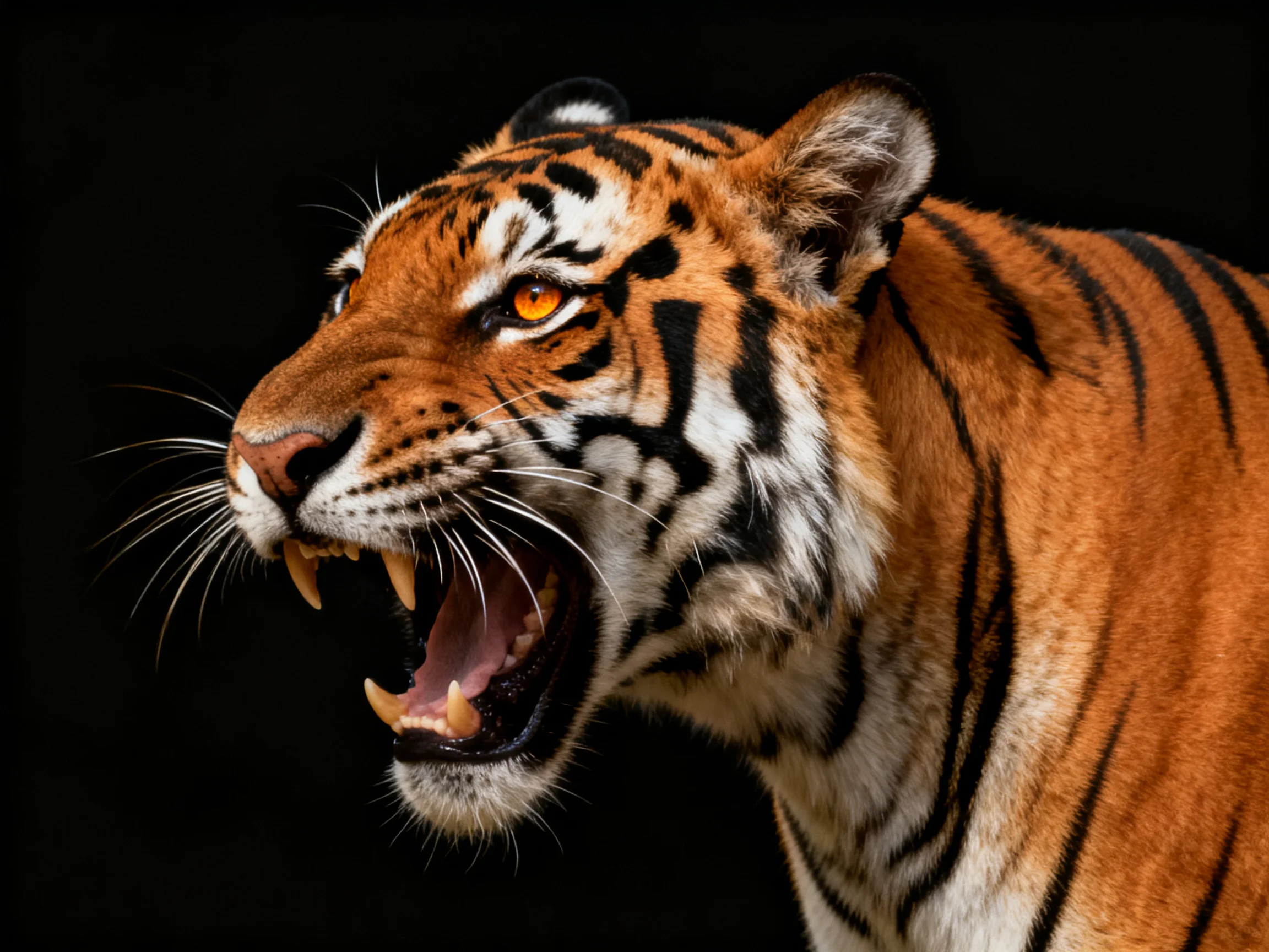 A fierce tiger with vibrant orange fur and bold black stripes