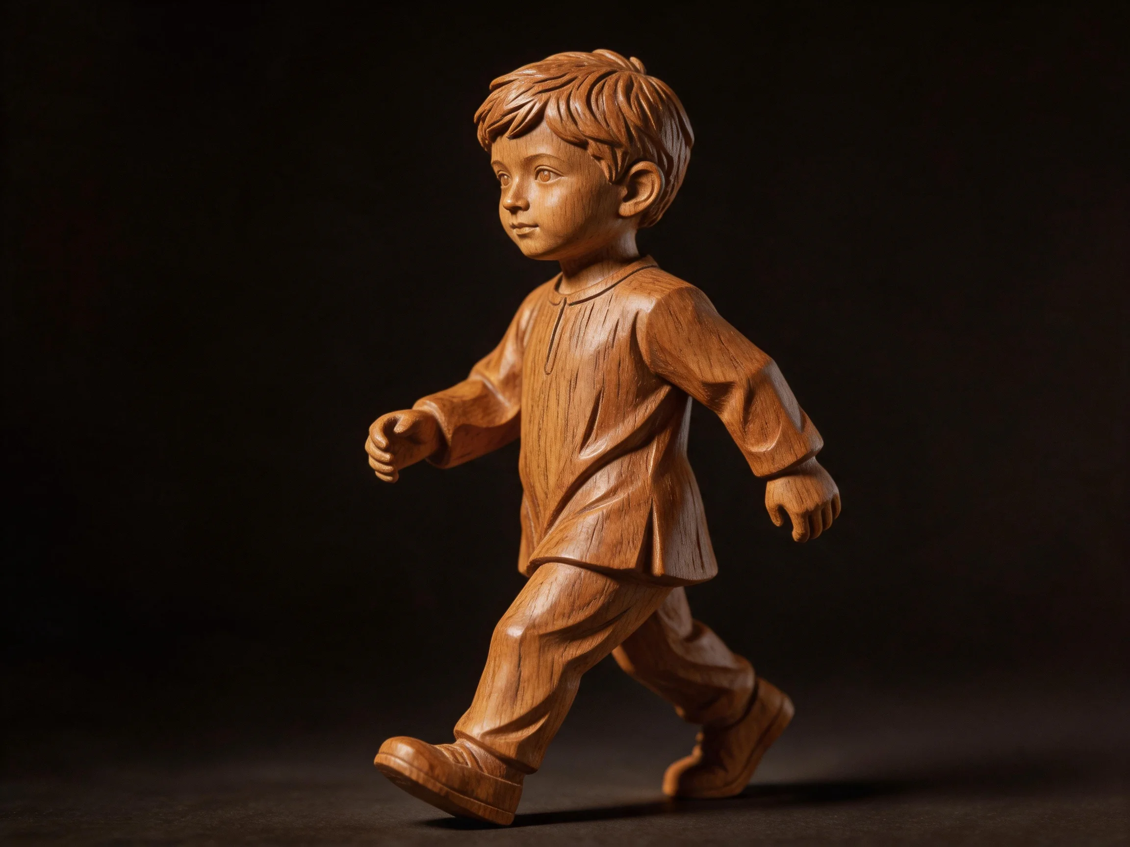 A finely carved wooden figurine of a walking boy with earthy tones