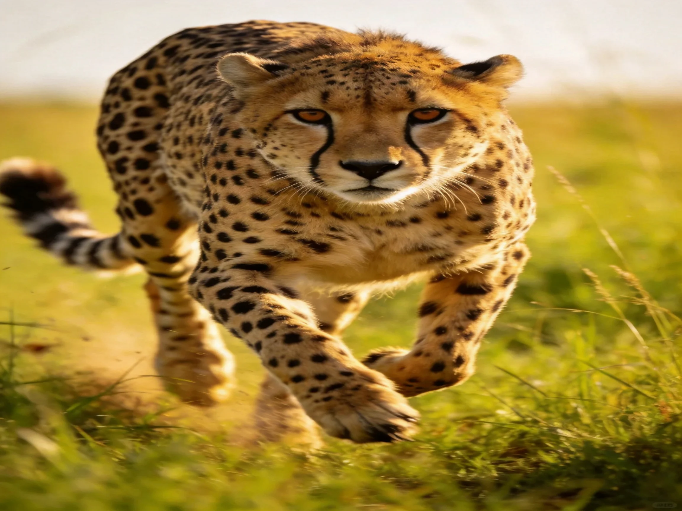 A cheetah charges forward in a sunlit grassland environment.
