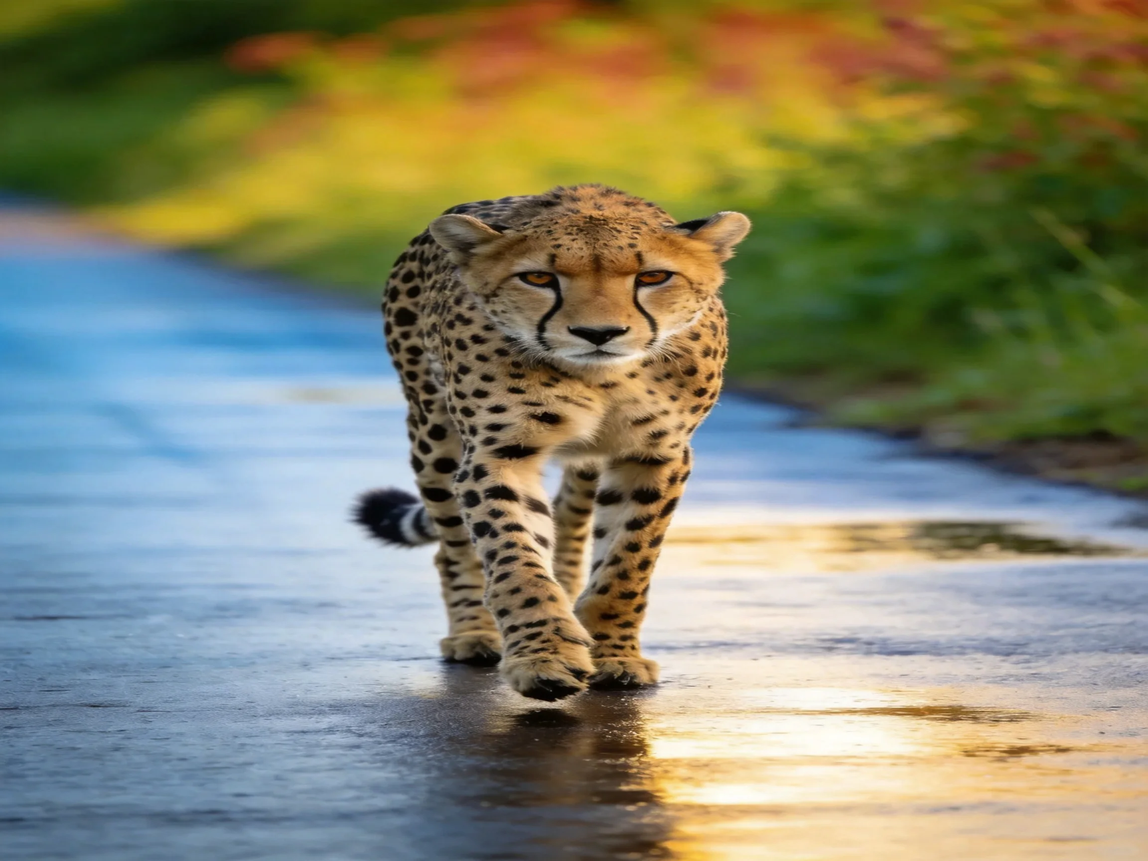 A cheetah walks confidently on a wet path surrounded by greenery.