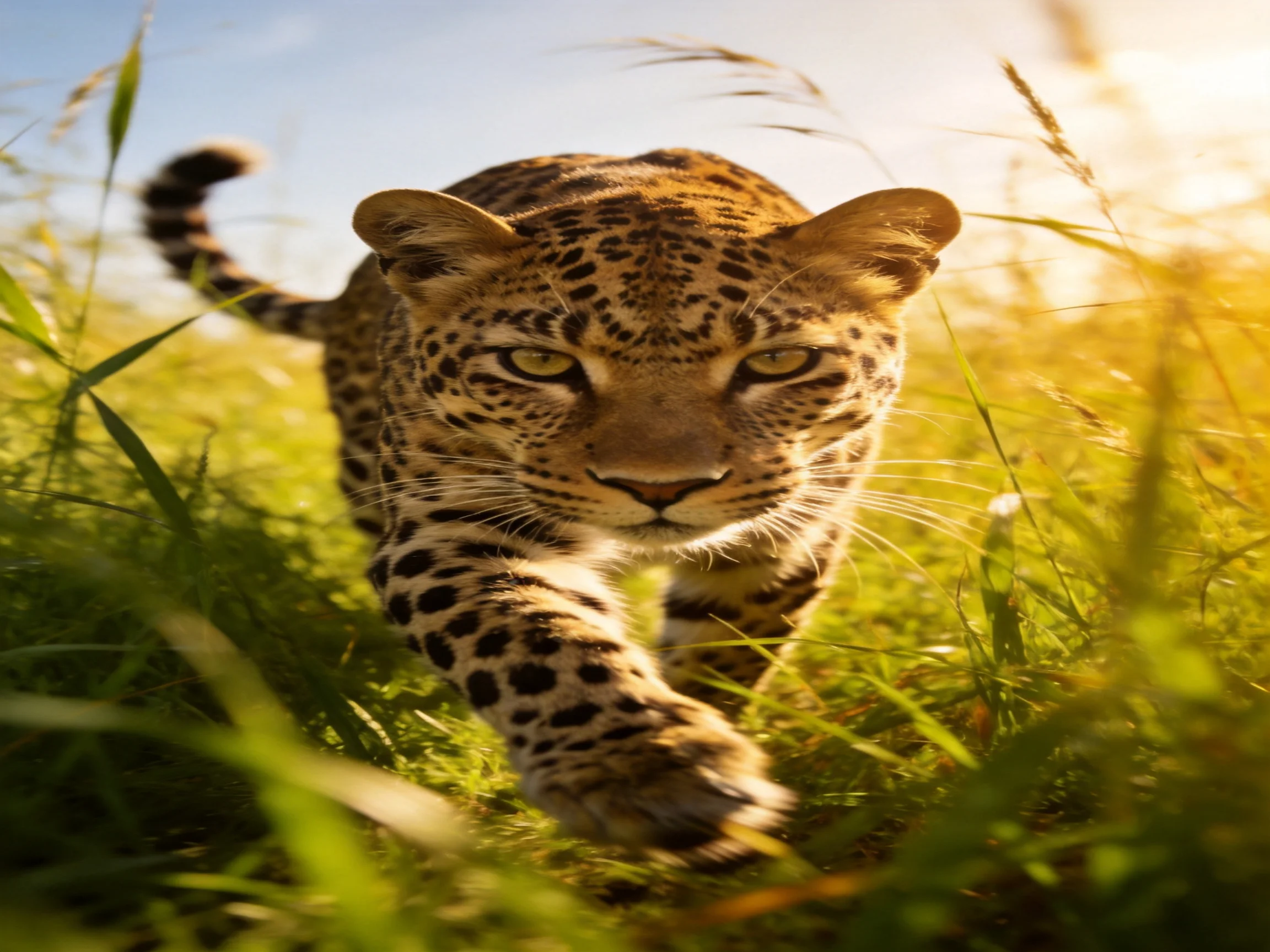 A leopard stalks through tall green grasses in bright sunlight.