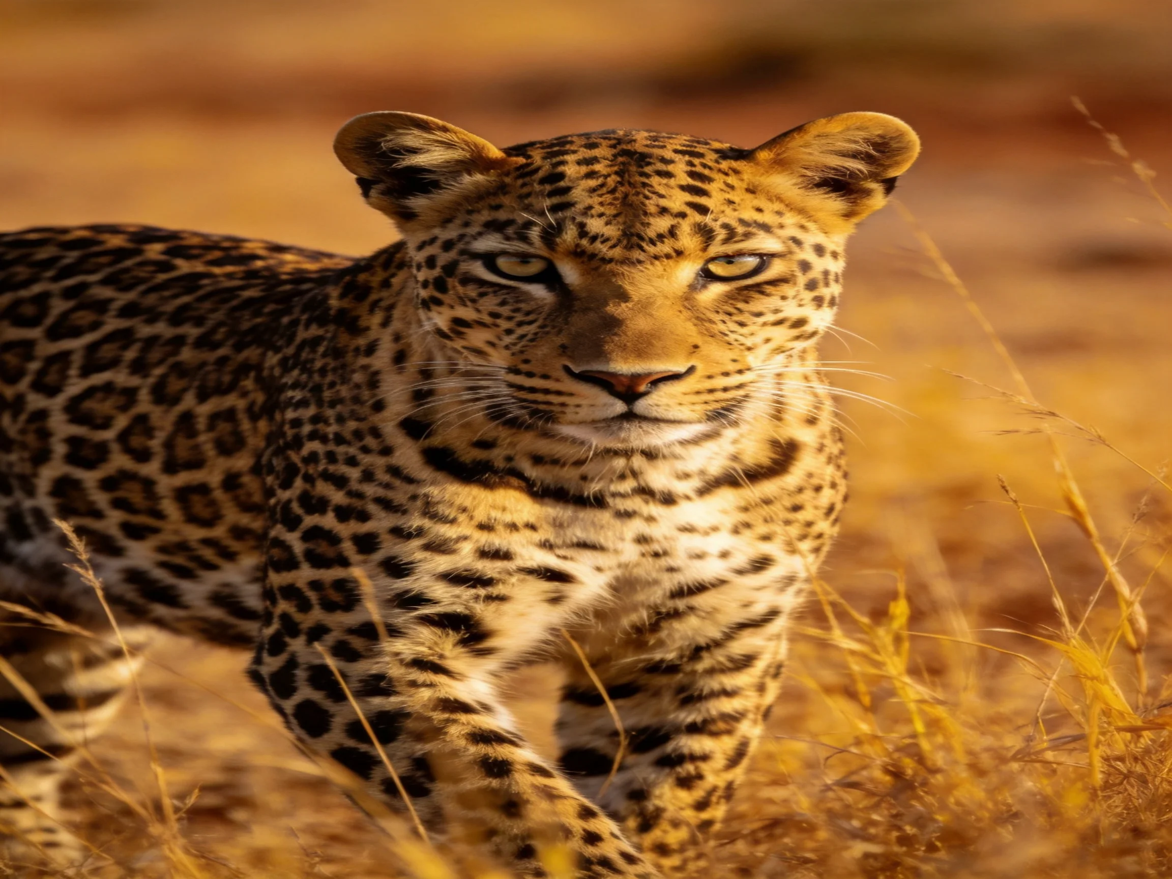 A focused leopard with golden-spotted coat in a sunlit savannah