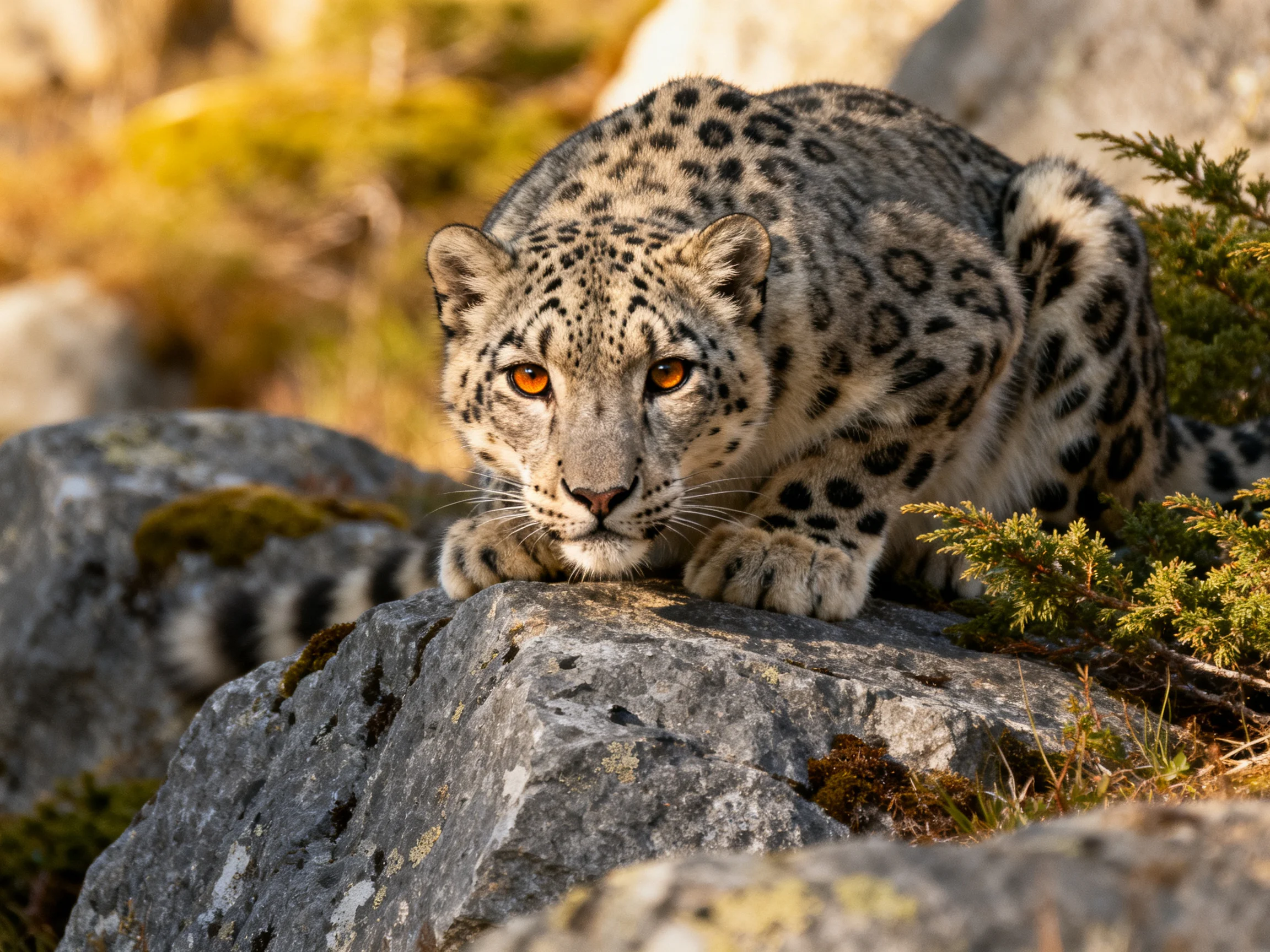 A focused snow leopard rests on mossy rocky terrain near green shrubs