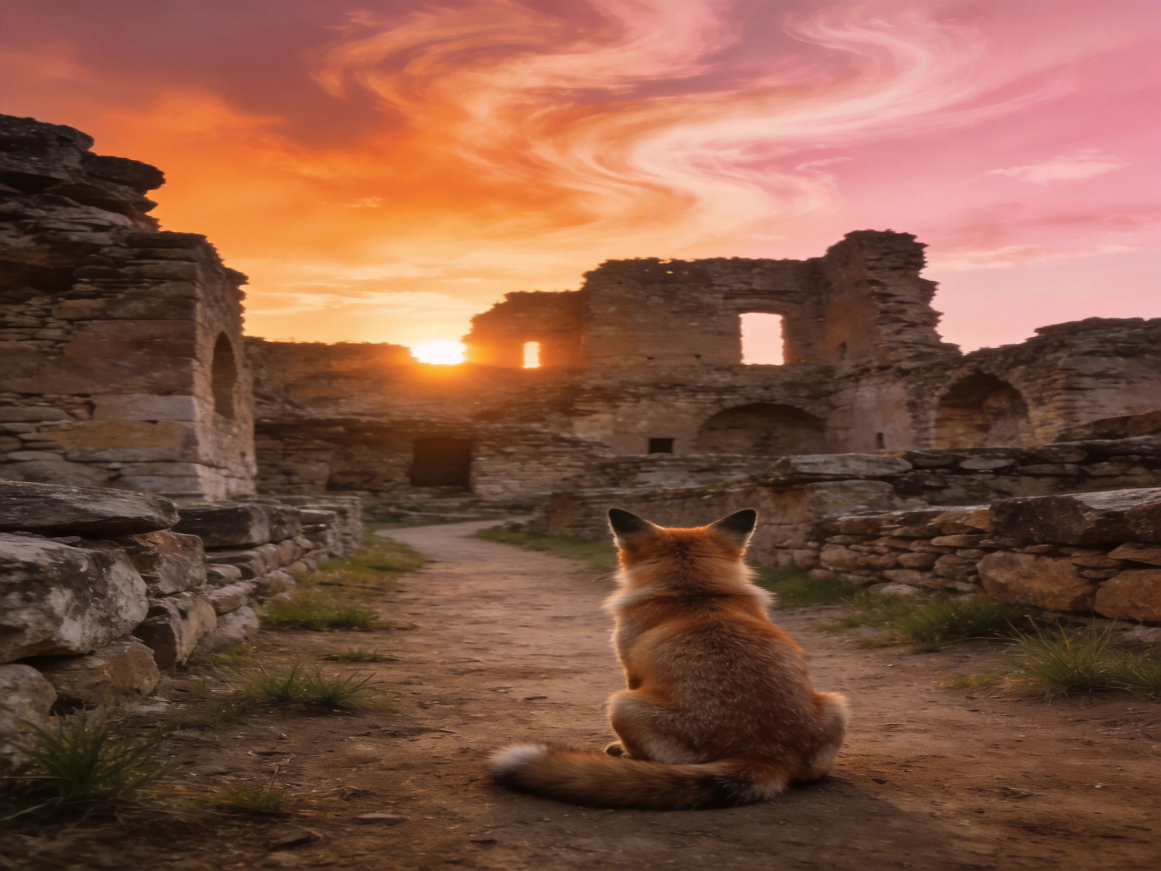 A fox faces ancient stone ruins during a colorful sunset.