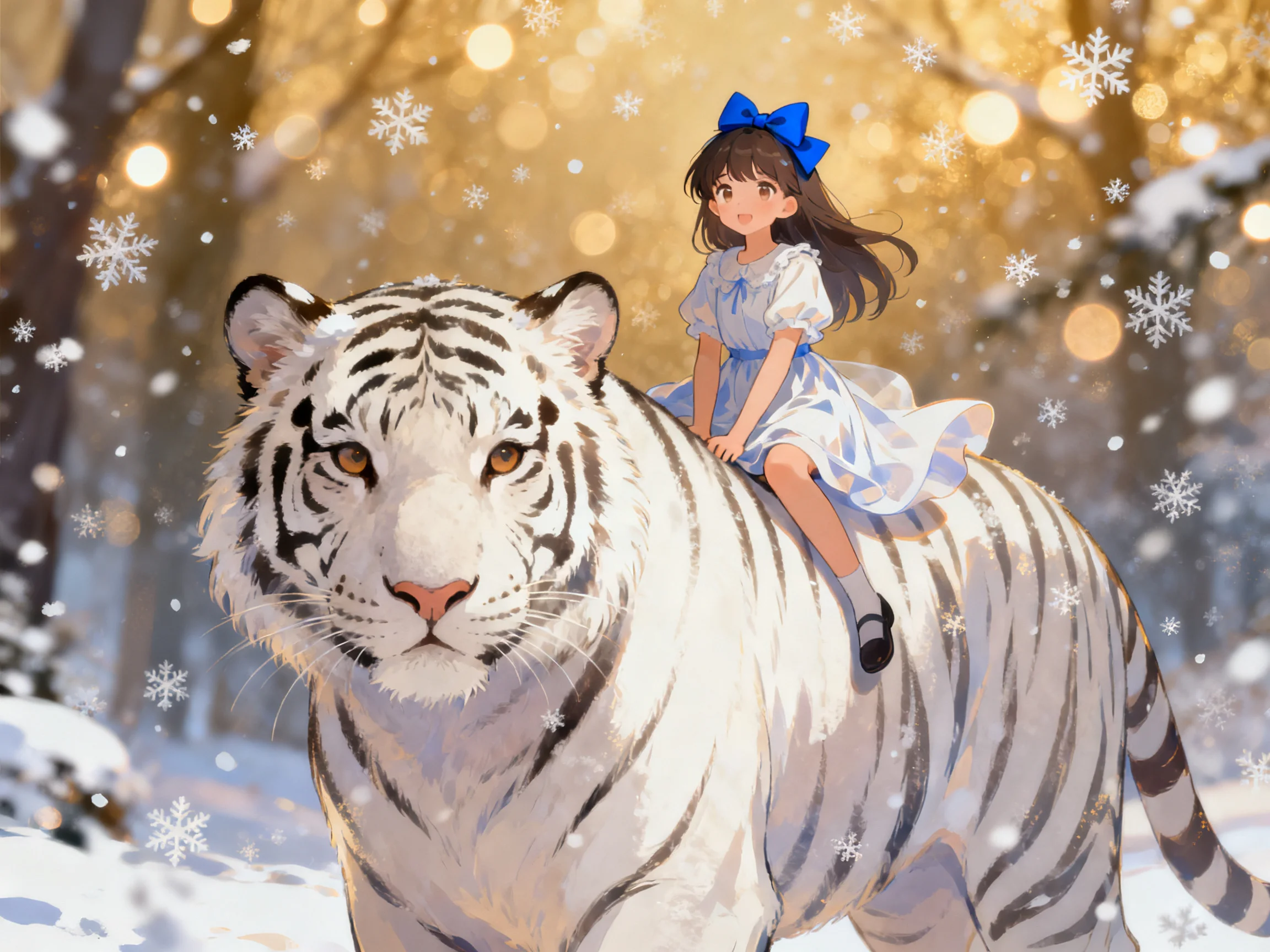 A girl in a blue dress rides a white tiger through a snow-laden forest