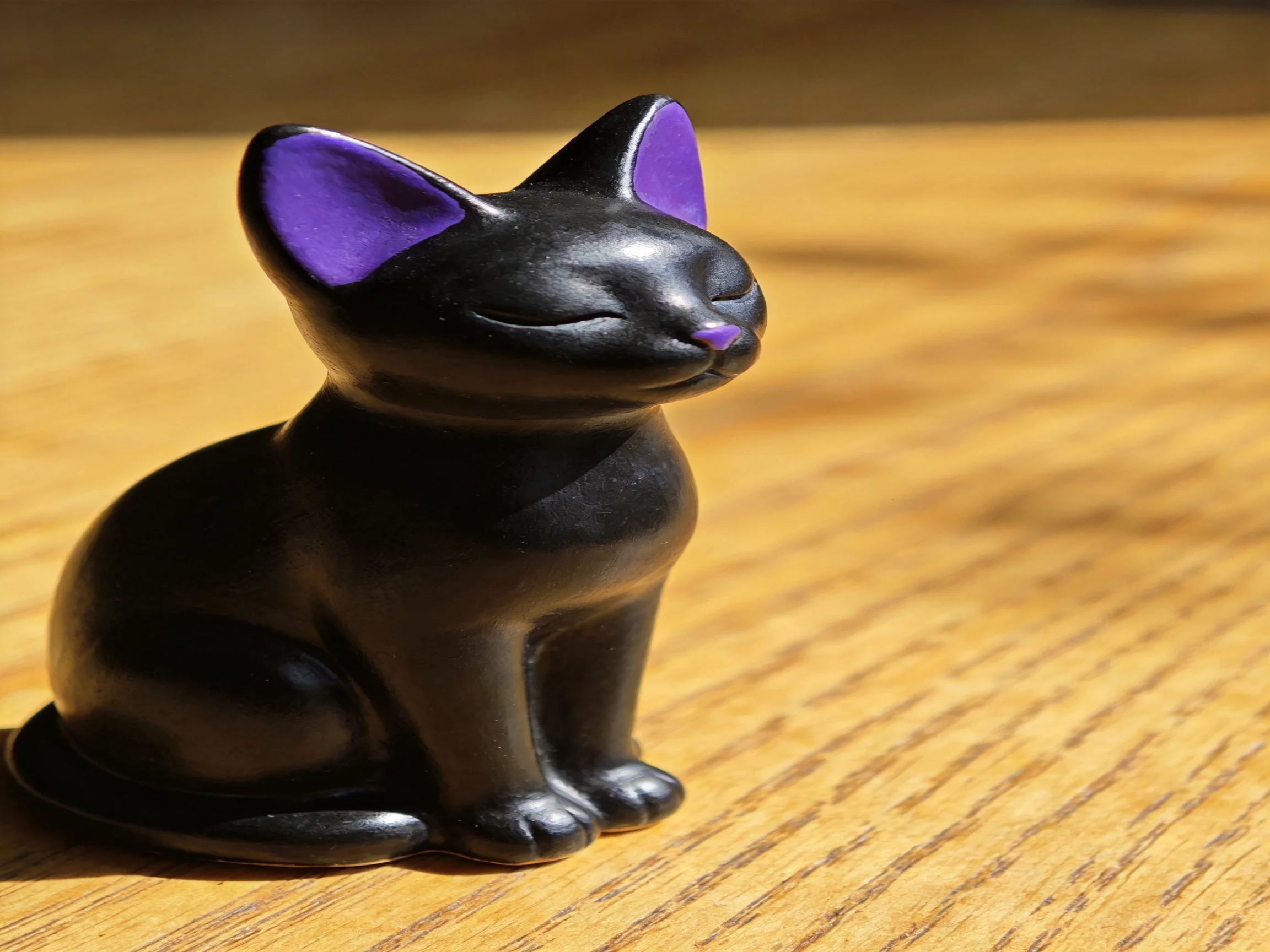 A glossy black cat figurine with closed eyes rests on a wooden surface.