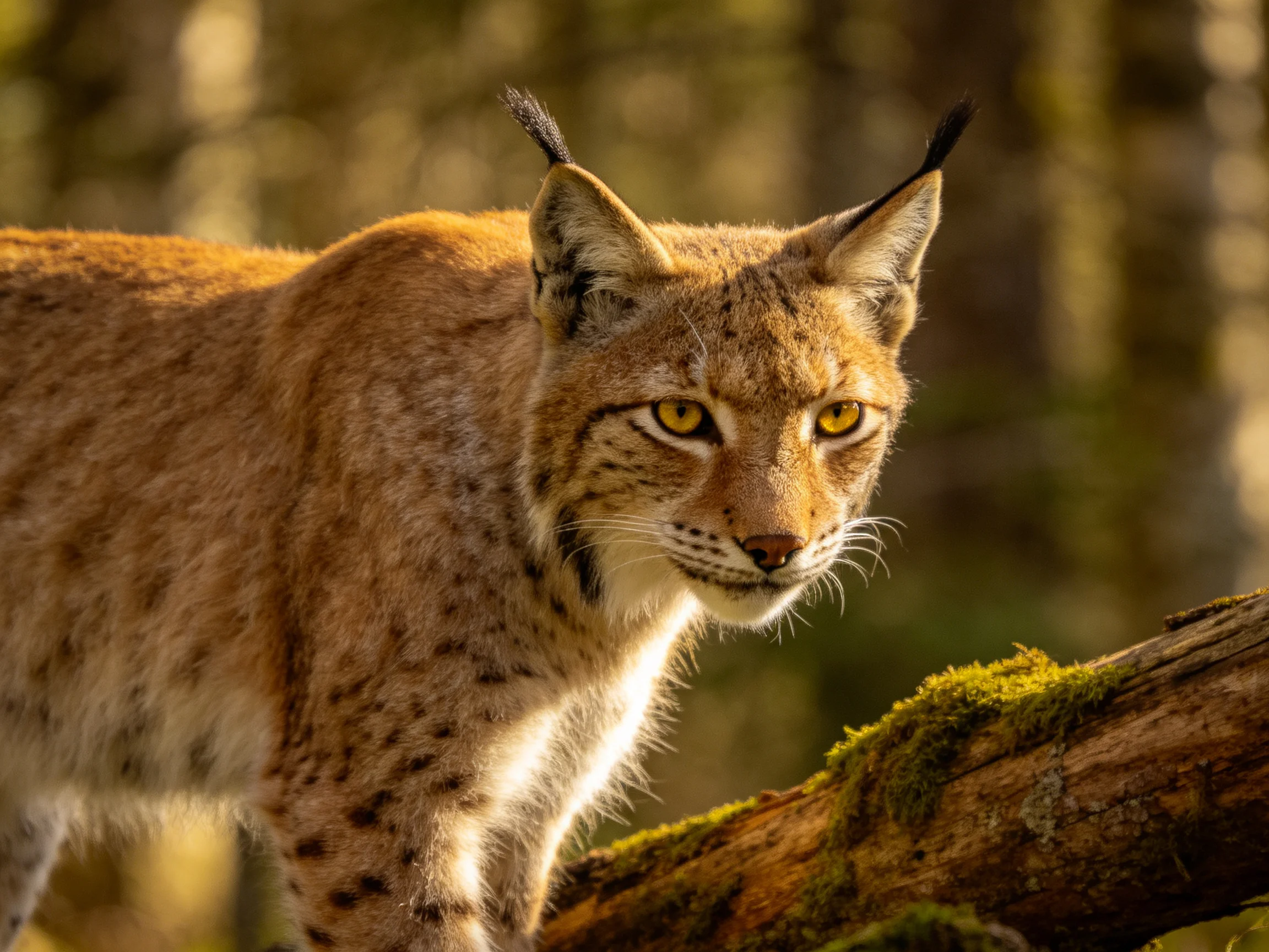 A golden-brown lynx stands beside a mossy log in a sunlit forest.