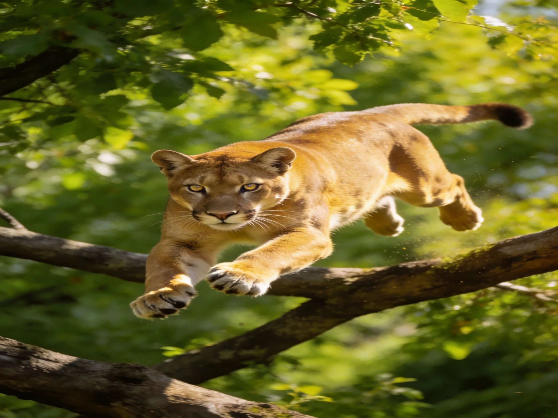 A golden cougar leaps between mossy tree branches amid lush green foliage