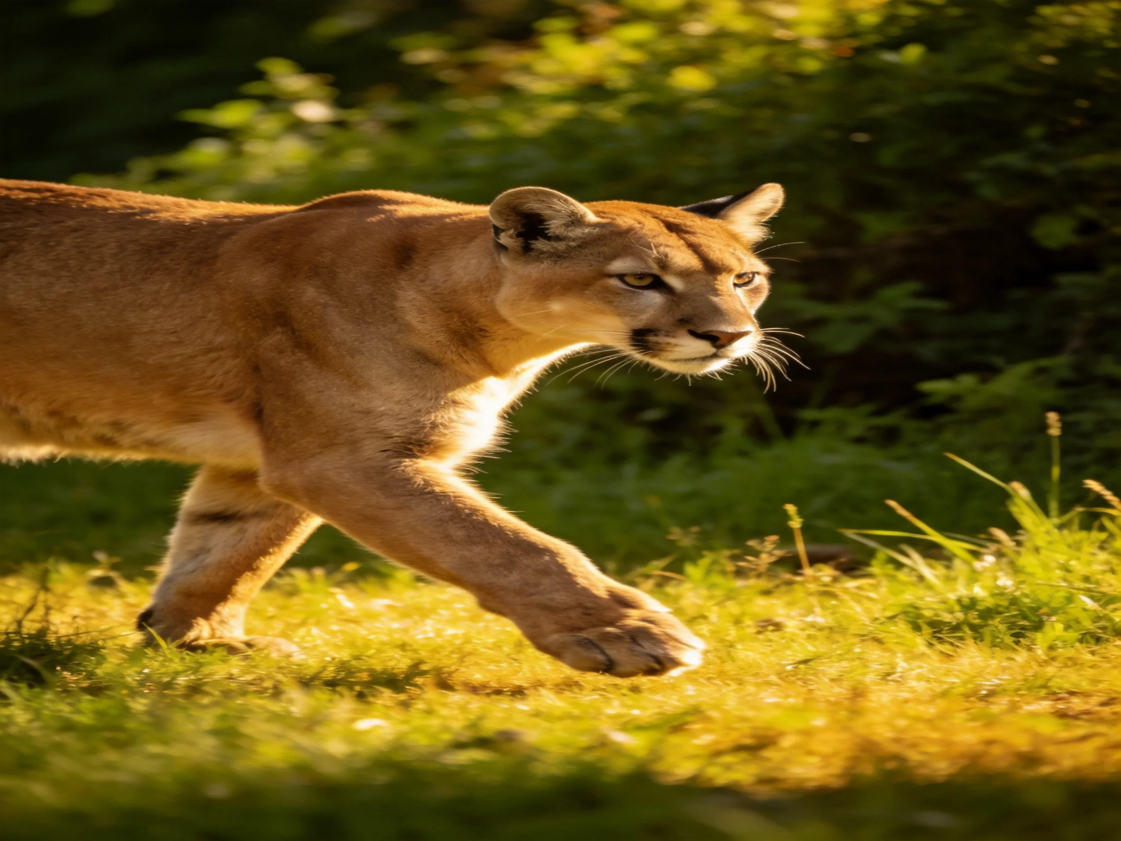 A golden cougar strides through sunlit greenery with focused movement